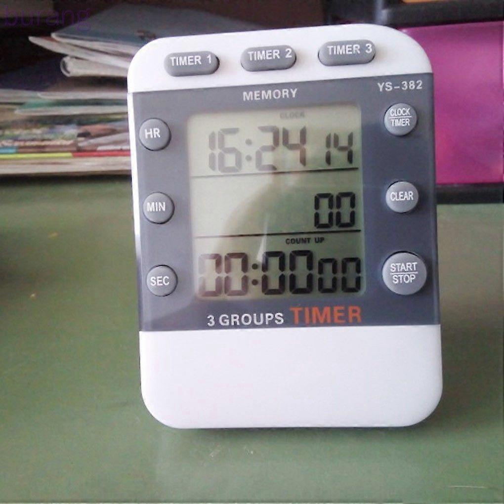 Digital kitchen cooking timer clock with 3 channels for simultaneous countdown and up/down counting.