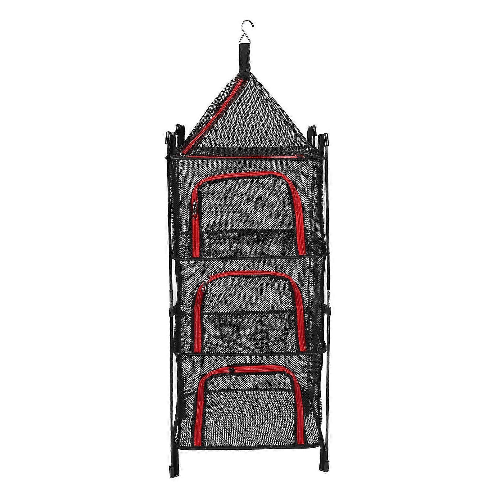 Foldable four-layer thickened clothes drying net, compatible with drying clothes and fish, red.