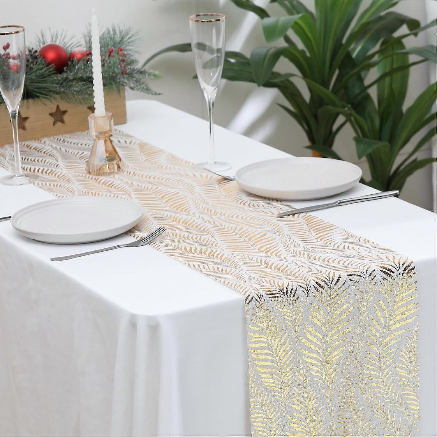 Gold Table Runner with Willow Leaf Pattern 28cm x 5m, Elegant Polyester Table Runner, Decoration