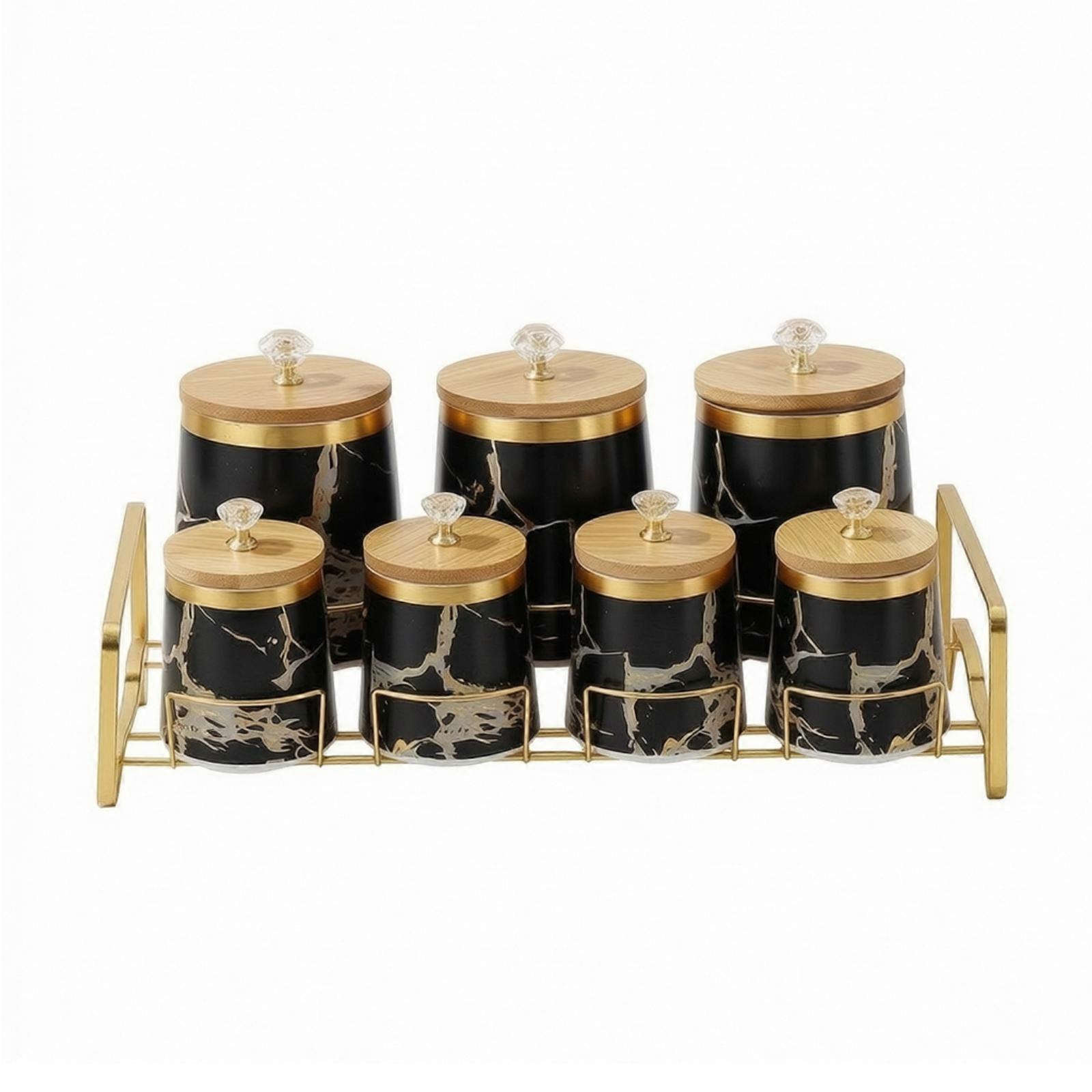 Spice Storage Rack with Ceramic Jars Marble-Pattern Spice Holder with Bamboo