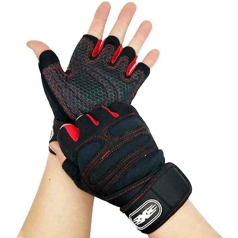 Extended Wrist Half Finger Equipment Breathable Training Non-slip Fitness Gloves - Large Black with Red M 18*-20CM
