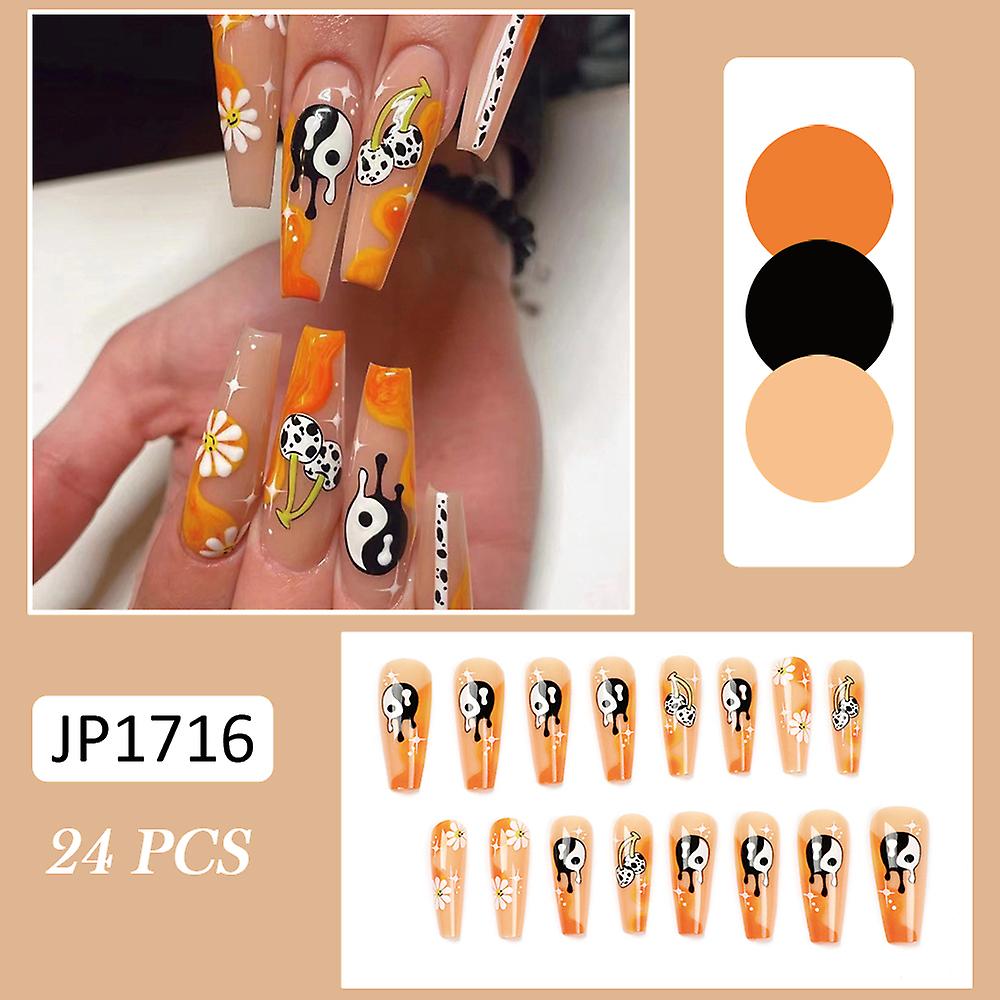 24pcs Glossy Orange False Nails Tai Chi Cherry Pattern Fake Nails