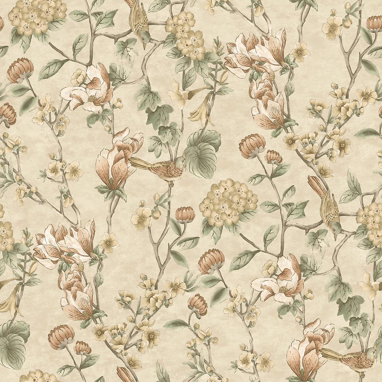 Cream Floral Bird Trail Wallpaper