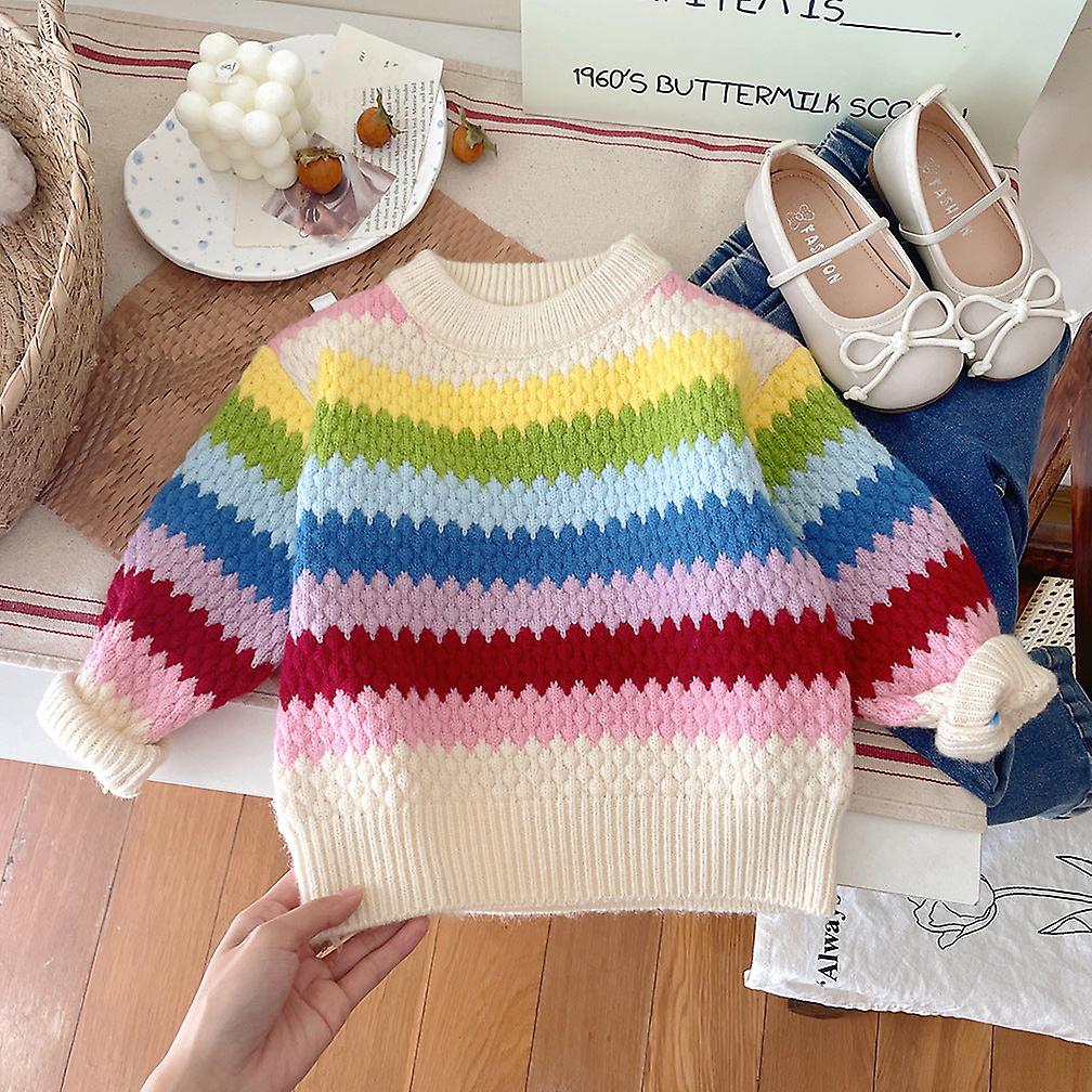 Flickors regnbågströja Höst randig stickad vinter kappa