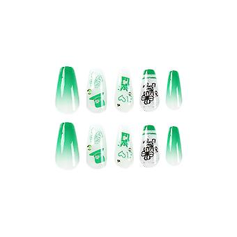 Green White Gradients Fake Nails with Rhinestone Lightweight and Easy to Stick Fake Nail for Shopping Traveling Dating