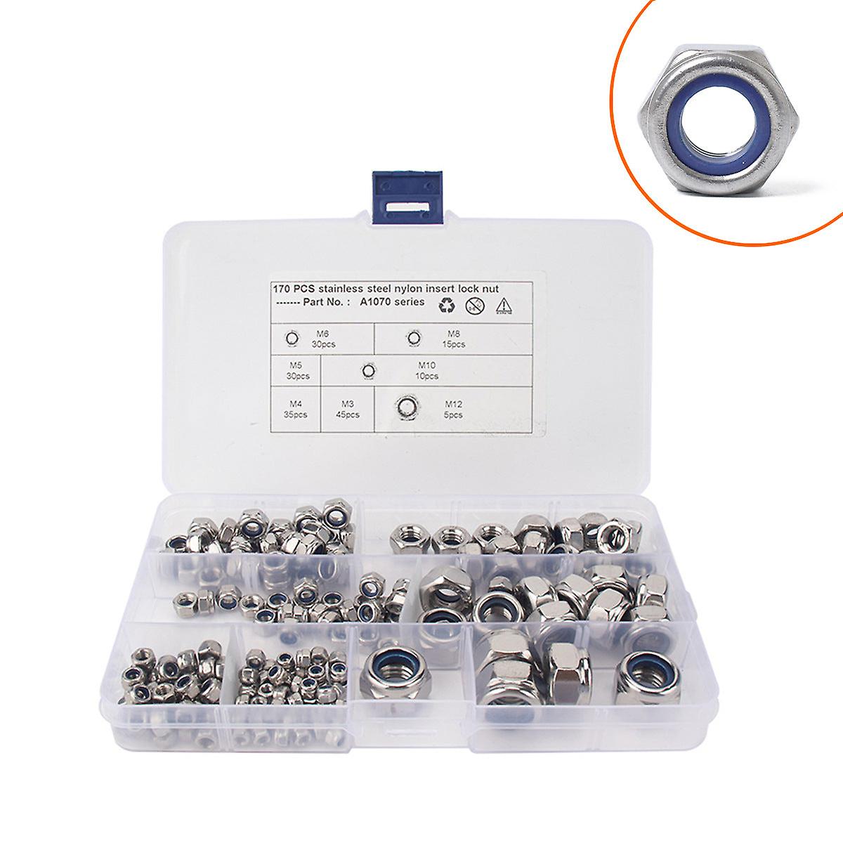 170Pcs 304 Stainless Steel Flange Nylon Nut M3-m12 Multi-specification Hexagonal Nut With Pad