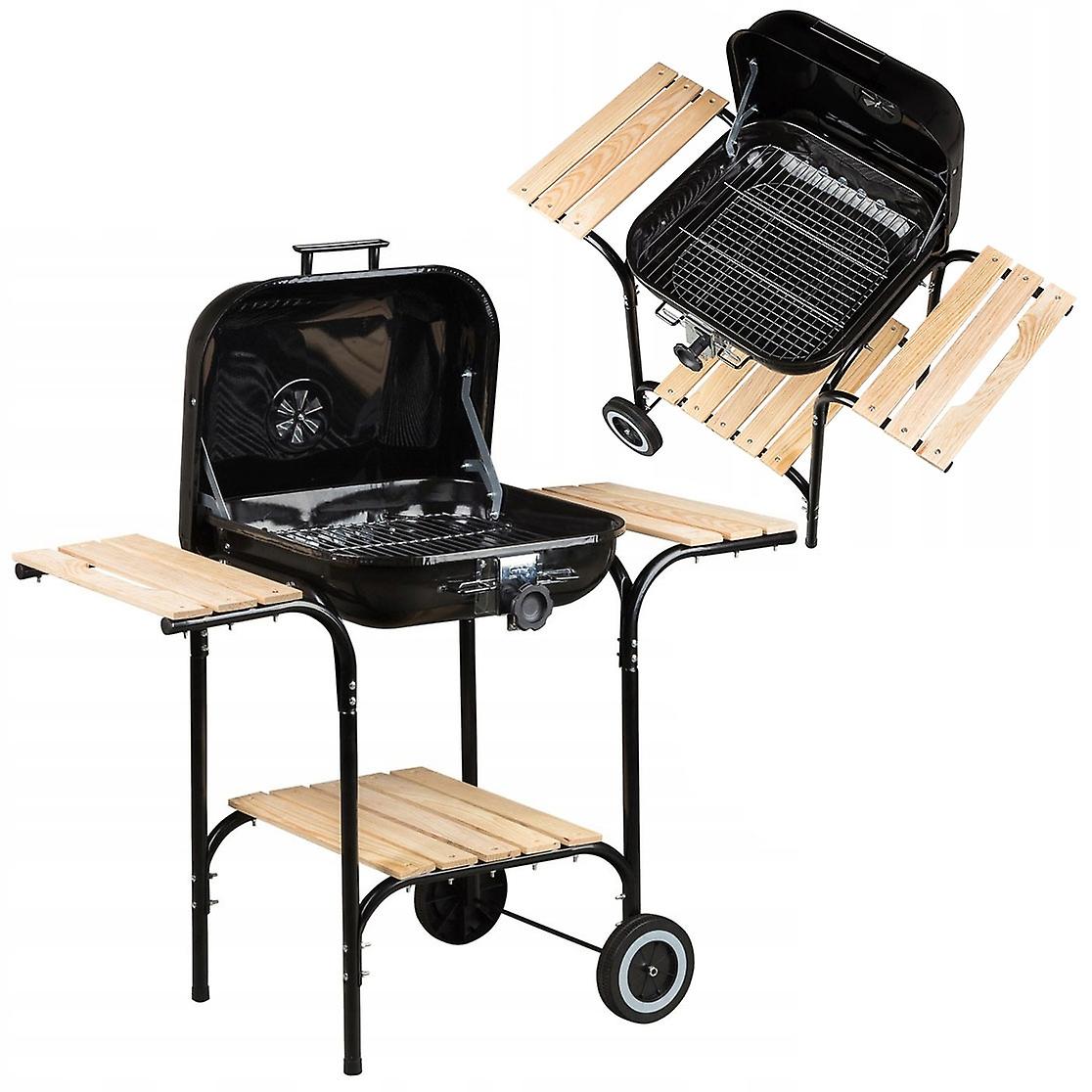 Large garden grill with adjustable grate, wooden shelves