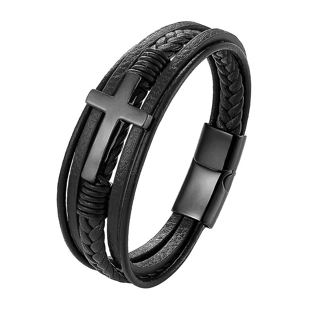 Black Gold Silver Multilayer Braided Bracelet For Cross Religious Leather Bangle