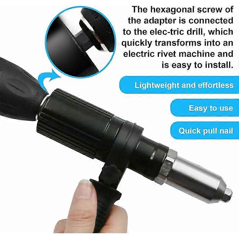 Electric Riveter Gun Adapter Riveter Drill Adapter Riveter Insert Nut Tool with Diameter 2.4/3.2/4.0/4.8mm Rivet Head and Black Handle Wrench