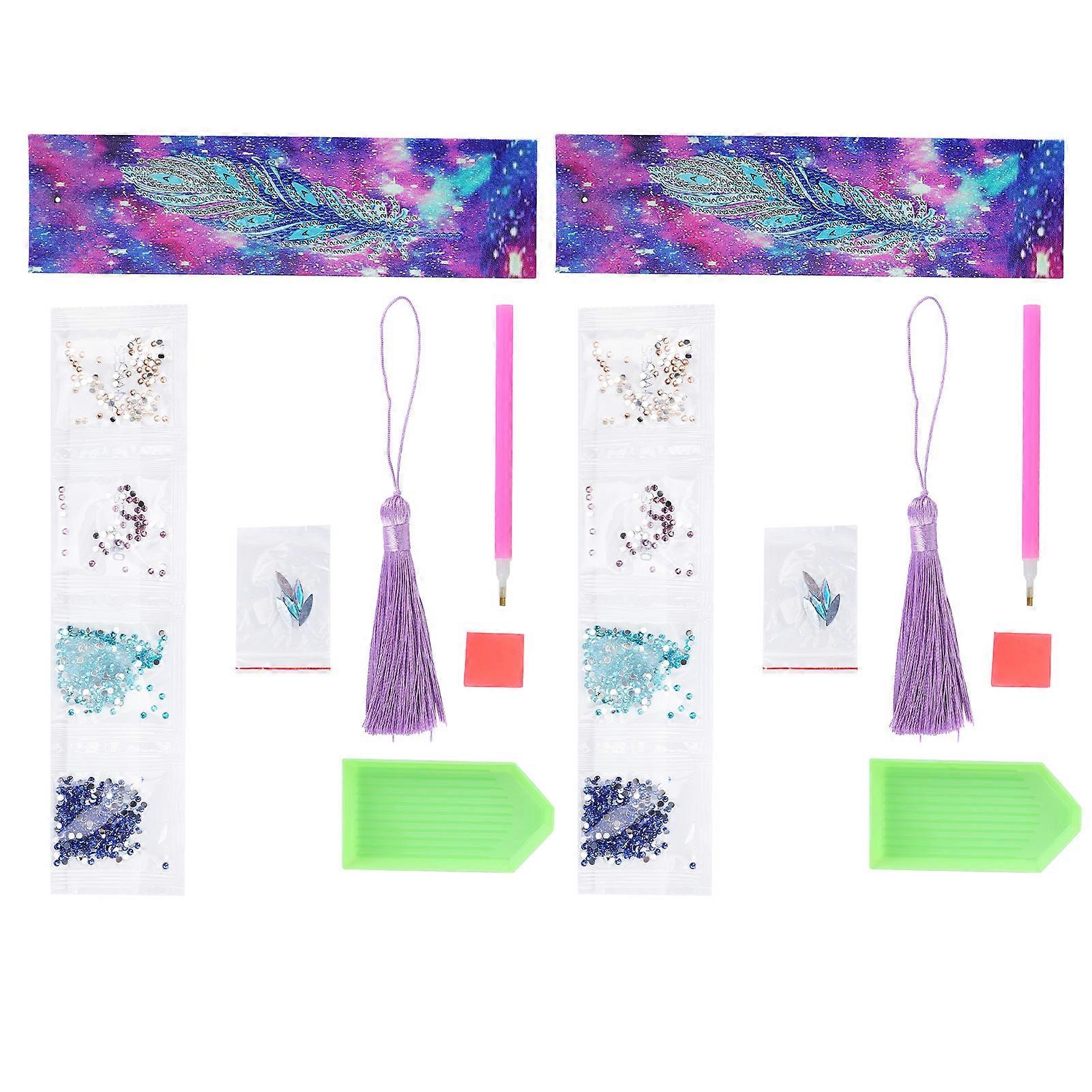 2 Set Diamond Bookmarks 5D DIY Painting Crystal Fancy Shape Round Hanging Craft Feather Pattern