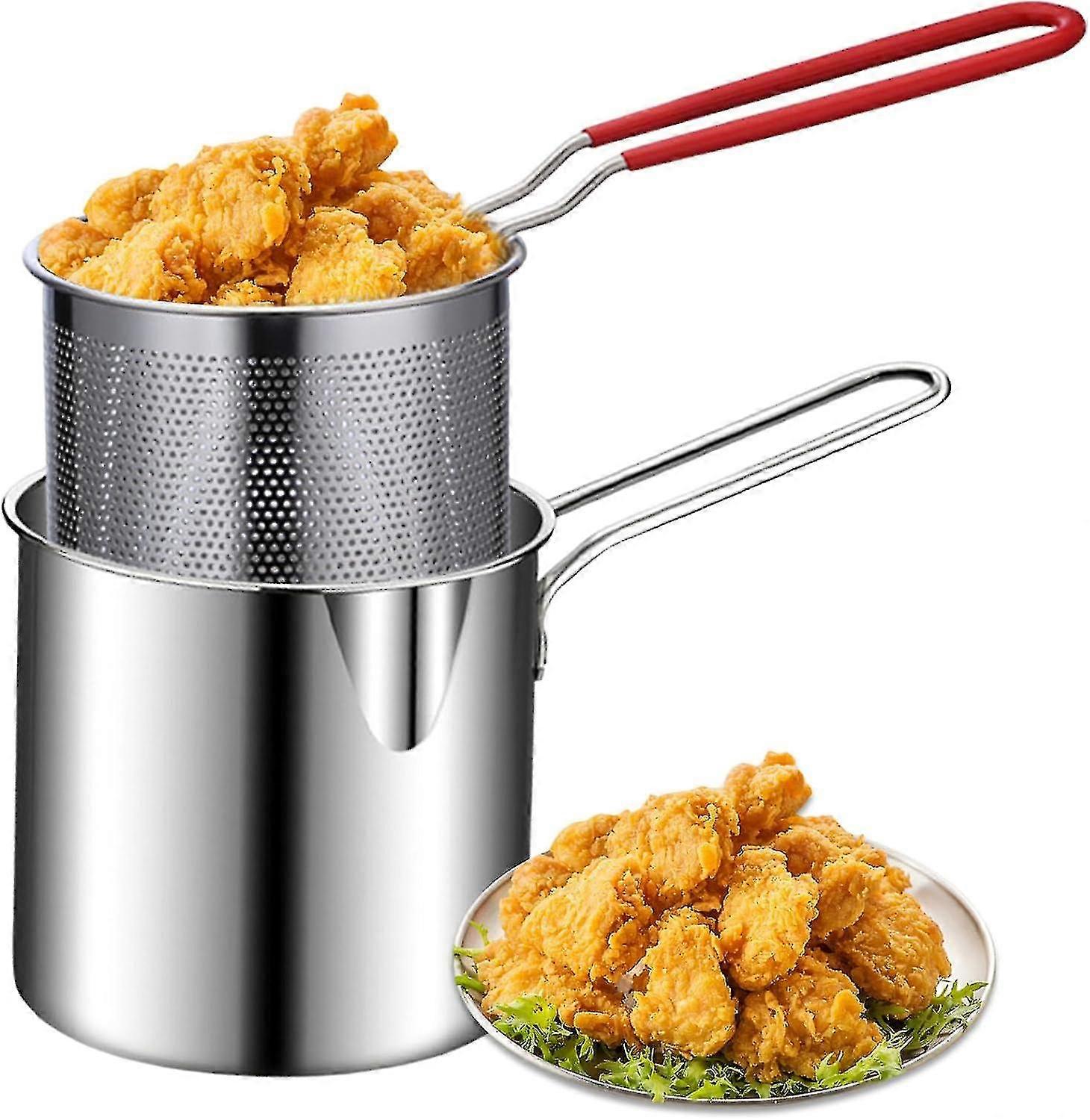 Deep Fryers,Deep Fryer Pot with Basket 2Pcs/Set 1200ml Handled Stainless Steel Chip Pan Uncoated Mirror - ya01Walkbee  SZRH A-F