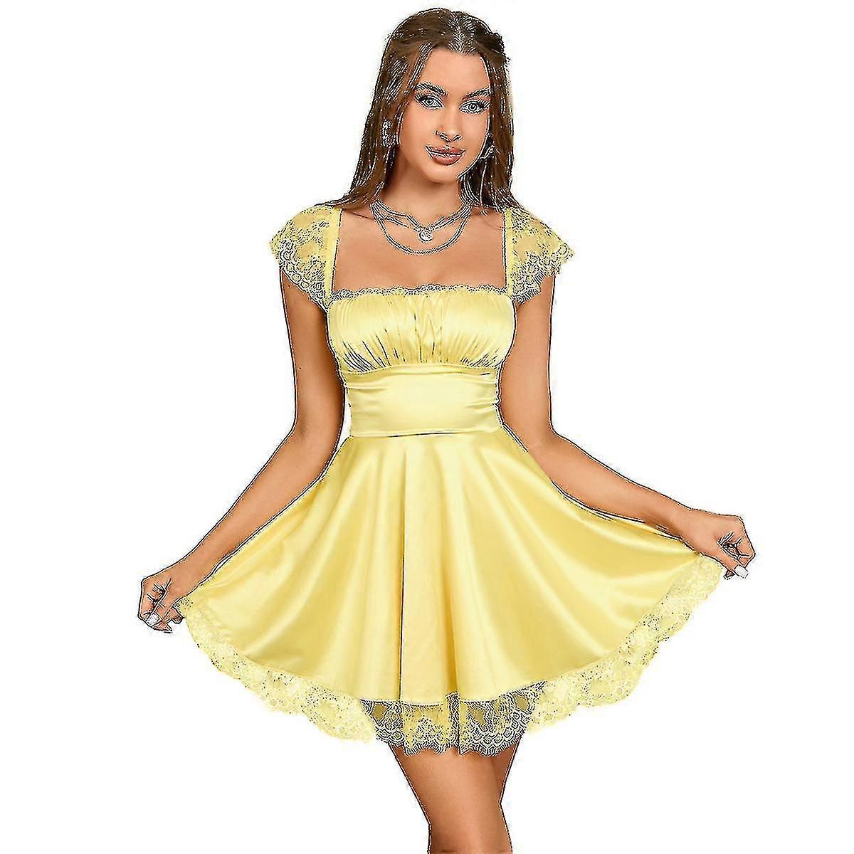 Kadın Saten Dantel Askılı A-line Fırfır Etek Ruched Sevimli Mini Elbise