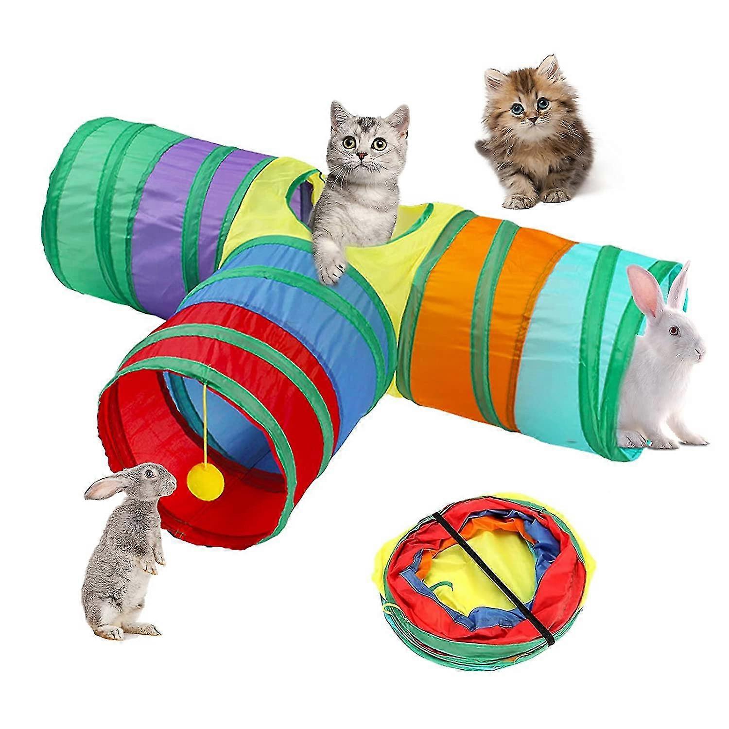 cat tunnels for indoor cats 3 way rabbit tunnel 4 holes lightweight collapsible large guinea pig tunnel toys with pompom for small animal dwarf rabbit