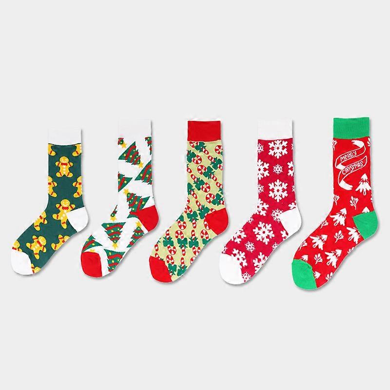 5Pcs Christmas Socks Fun Santa Elk Snowflake Socks Colorful Cotton Socks
