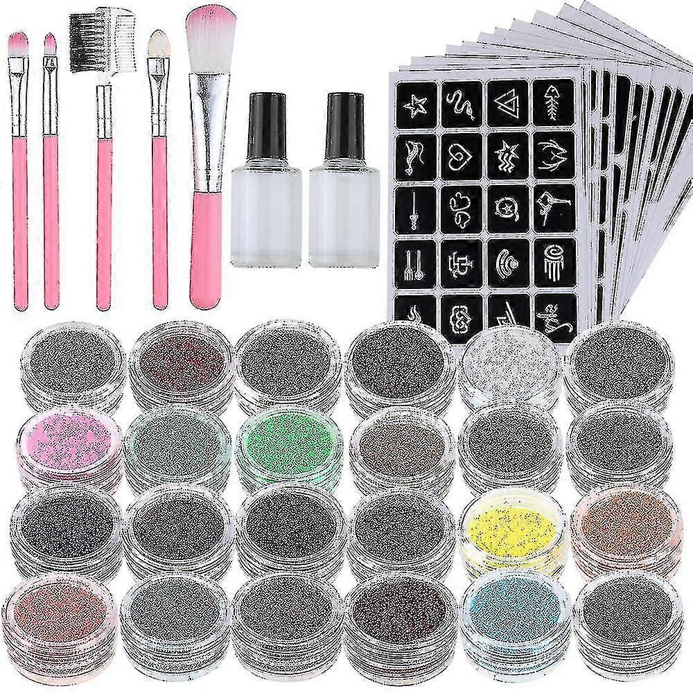 Glitter Tattoo Set, uusi kimalle tatuointisarja, jossa on 24 suurta kimallusputkea ja 125 kaavainta ja 2 liimaa ja 5 harjaa, väliaikaiset tatuoinnit lapsille, teini-ikäisille