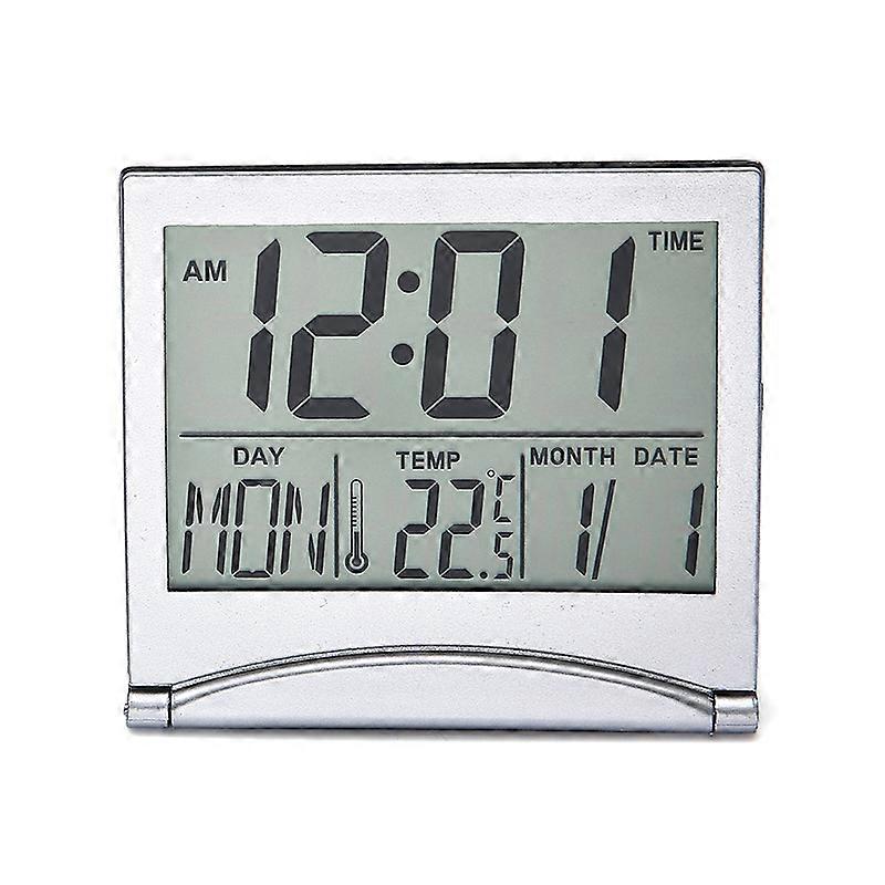 Silver Digital Alarm Clock LCD Temperature Display Desk by