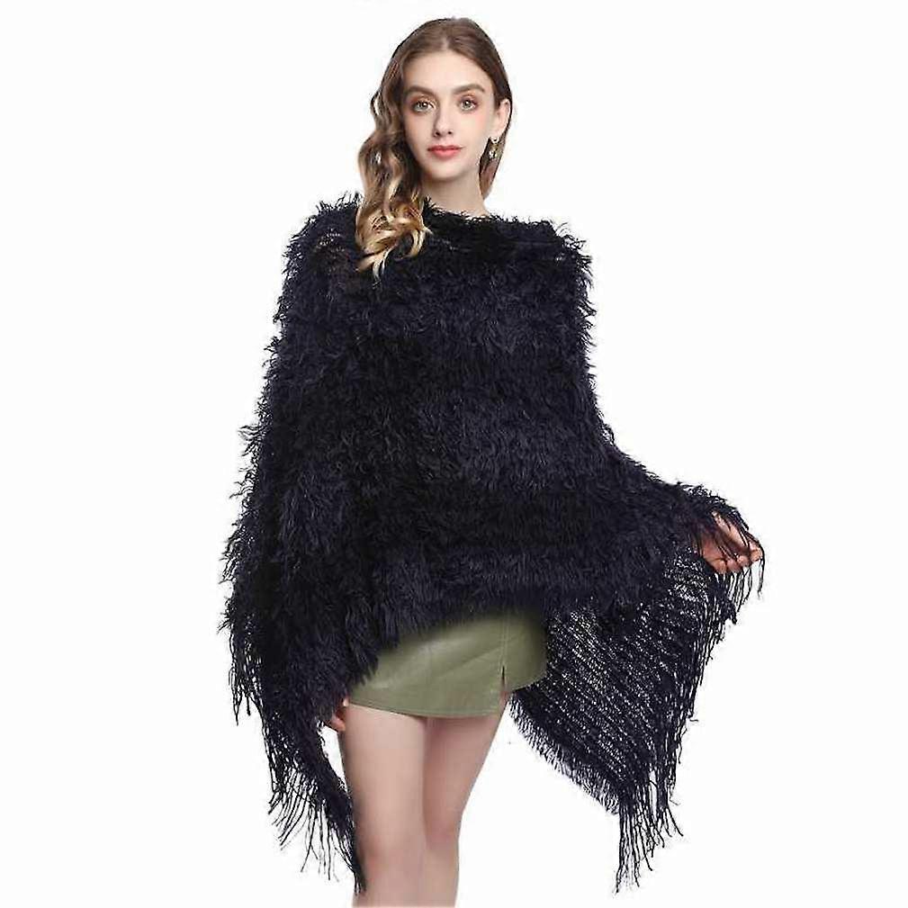 Black Tufted Pullover Cape Spring Autumn Cape Sweater Coat for Lady