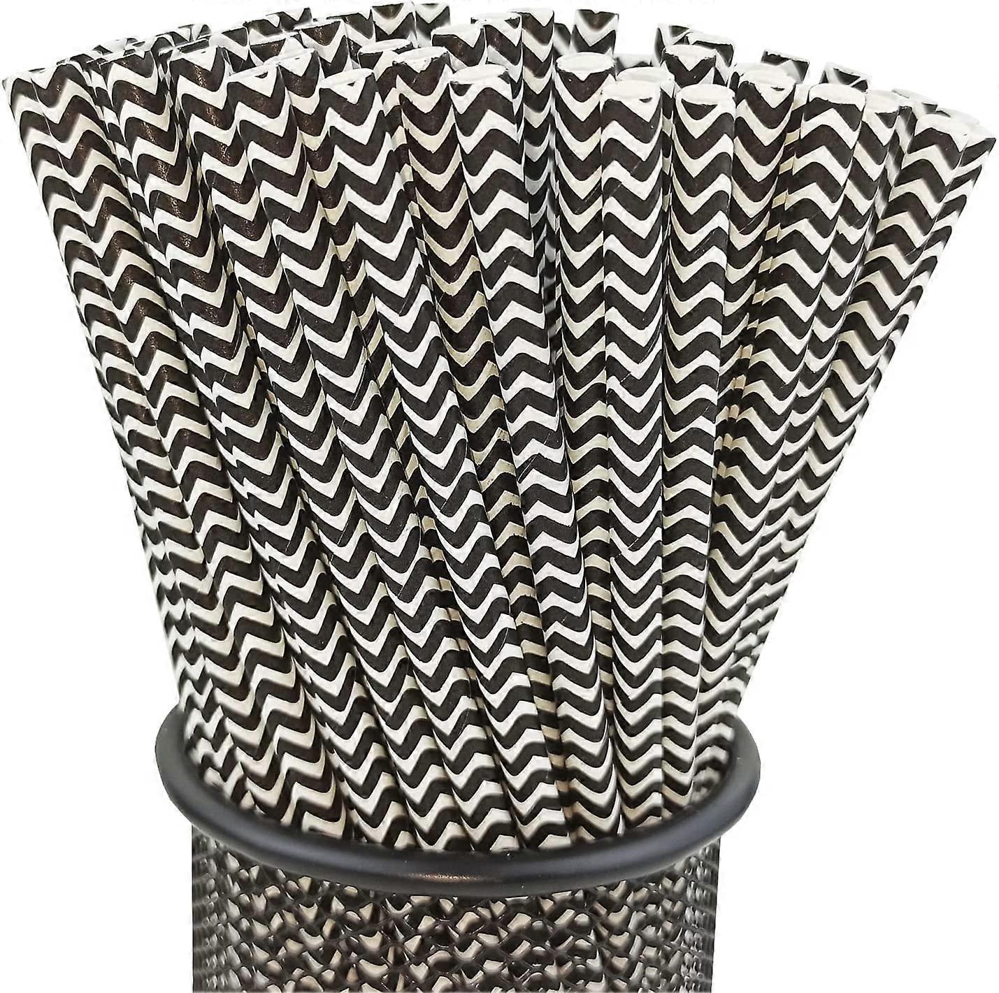 Pack 100 Disposable Wave Striped Drinking Paper Straws(Black)