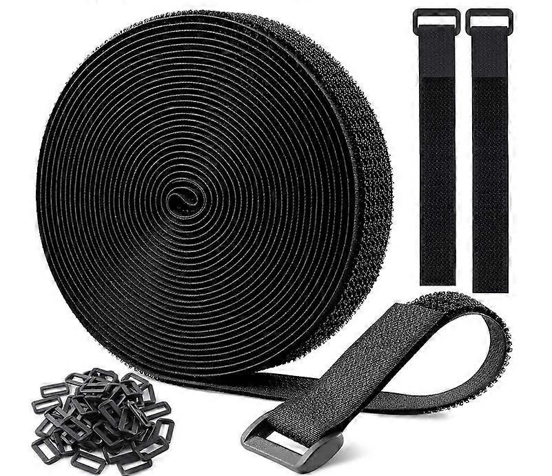 10m x 2.5cm Adjustable Cable Straps with 50 Buckles,Free Cut Length,Black Reusable Fastening Cable Ties,Hook and Loop Securing Strap for Cable Tidy,Wi