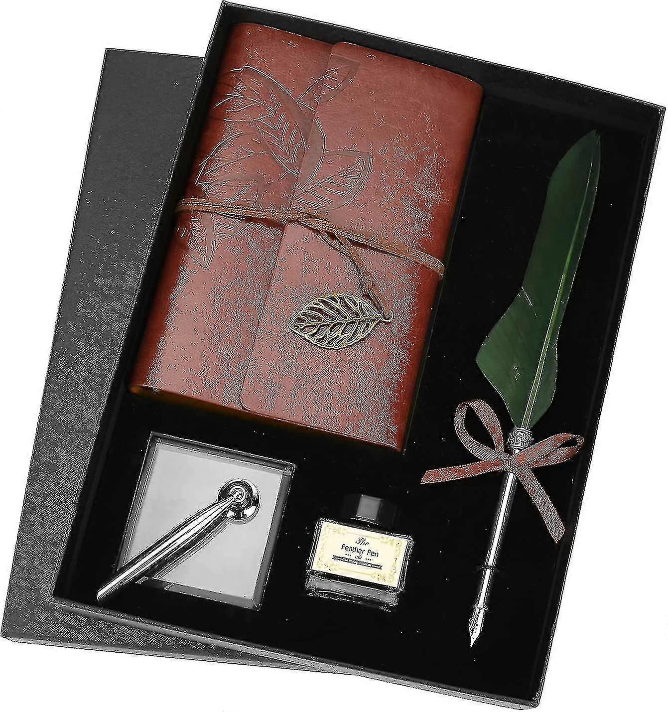 Feather Quill Pen And Ink Set, Antique Feather Dip Pen Vintage Calligraphy Pen Set Writing Quill Ink Fountain Pen With Nib Base, Leather Notebook