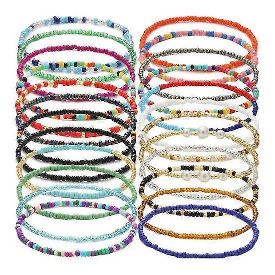 24 Pcs Beach Bead Anklets Set Colorful Rainbow Bohemian Style Elastic Elastic