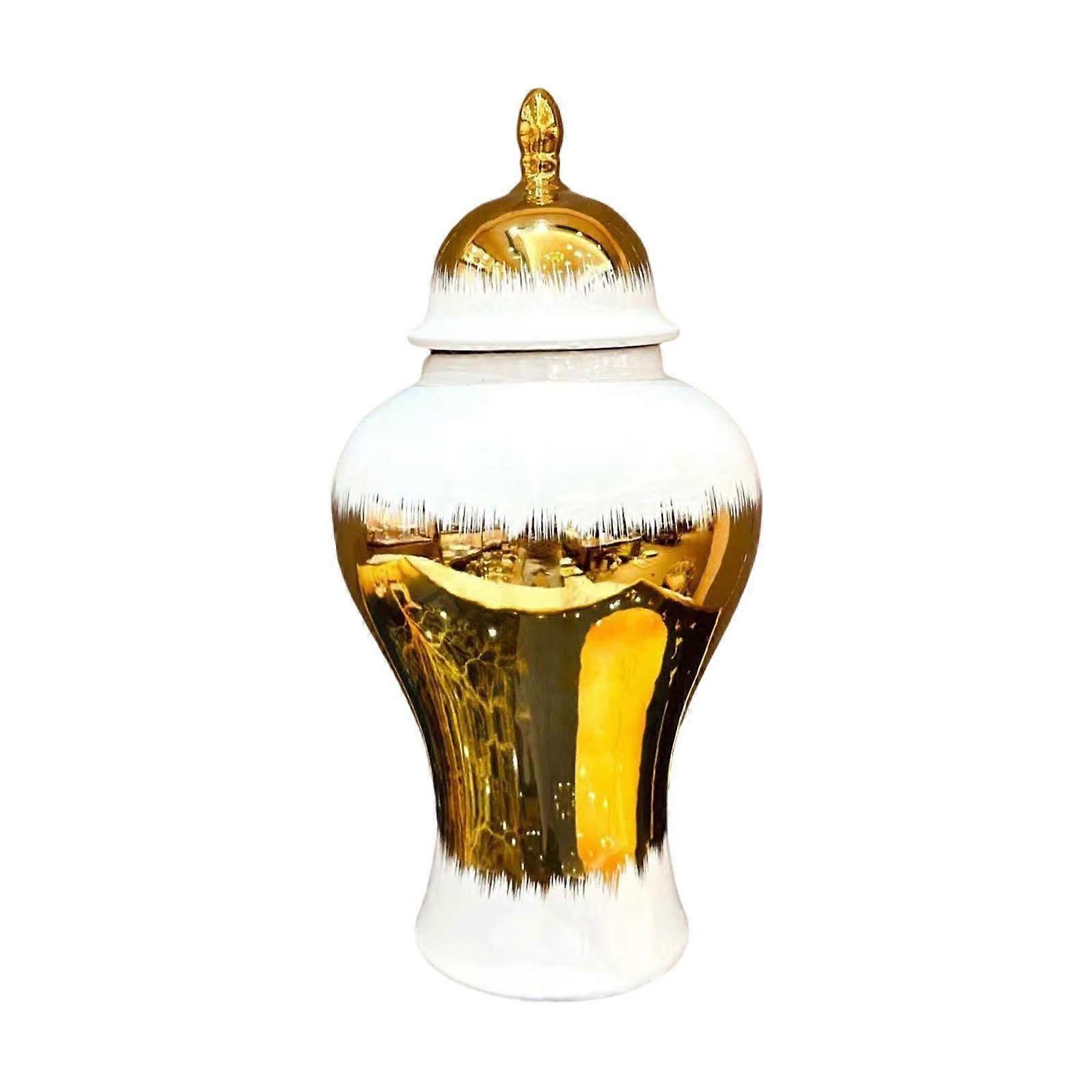 White and Golden Porcelain Vase Temple Jar for Entryway Tables Decor Elegant M