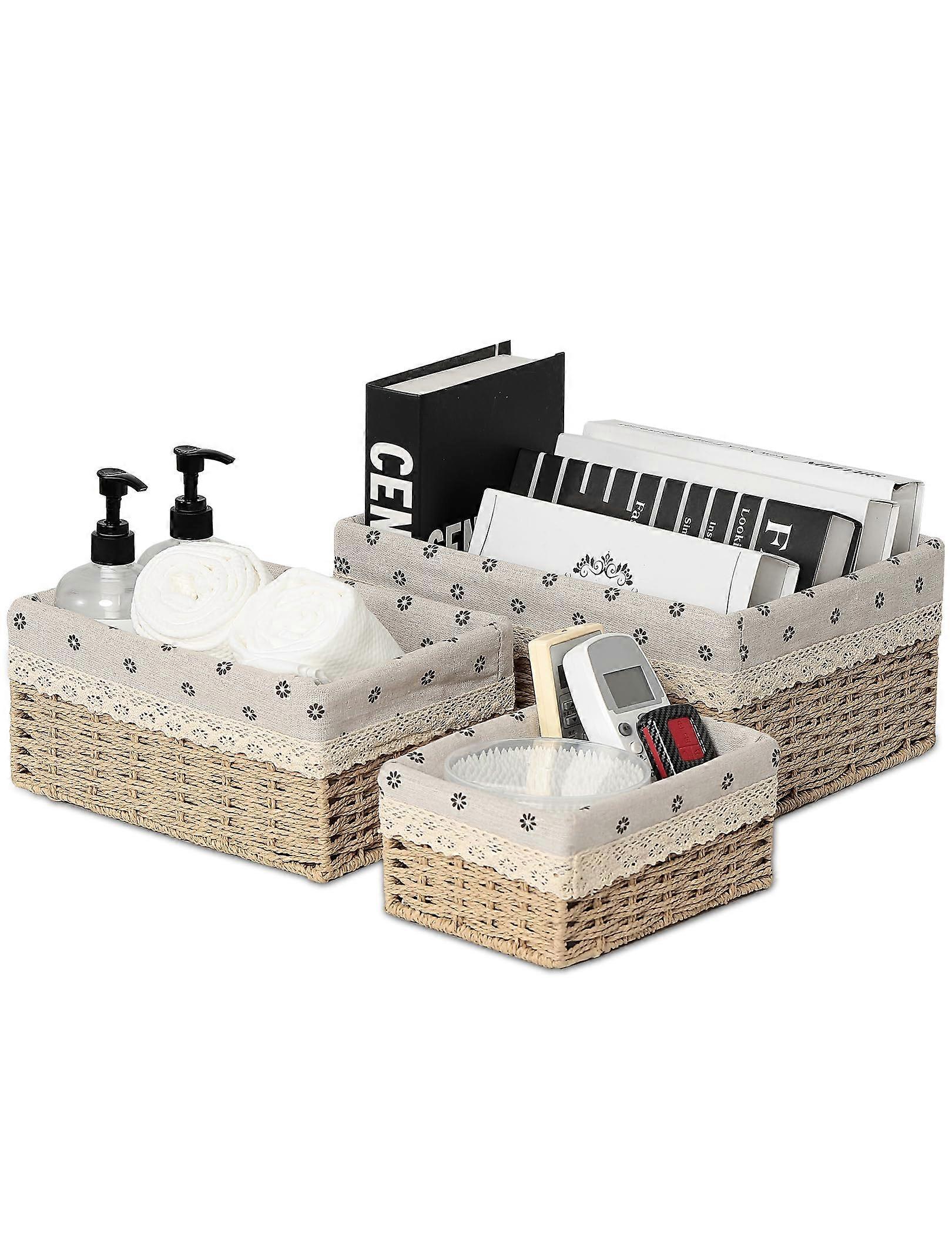 Wicker Storage Basket Set of 3 Hand Woven Recycled Paper Rope Boho Style for Kitchen Bathroom Closet Organization