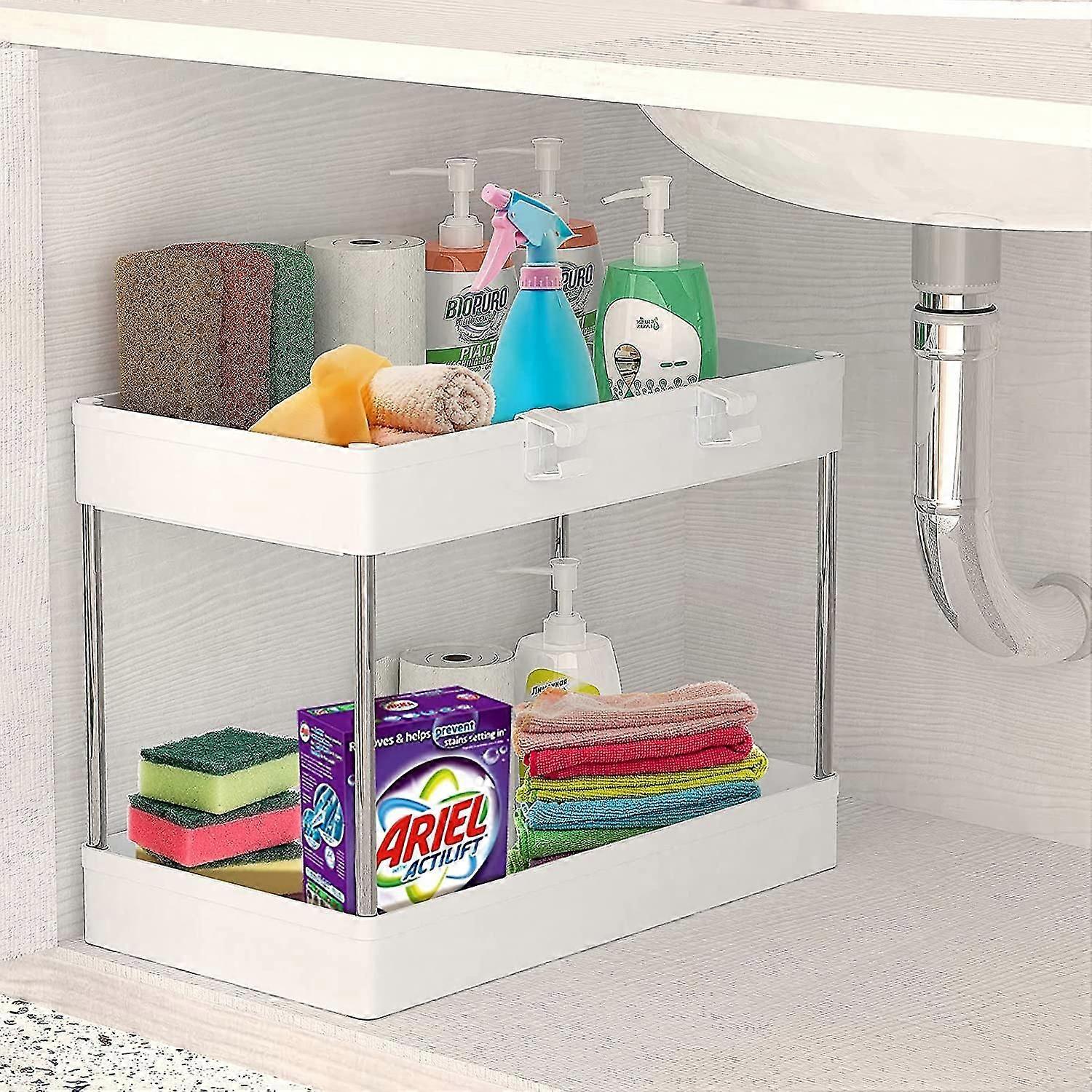 Under Sink Organizer, 2 Tier Under Vask Lagring Organizer, Bad Stående Rack, Bath Collection Slide-out Kurver Med Kroker, Multi-purpose Lagring