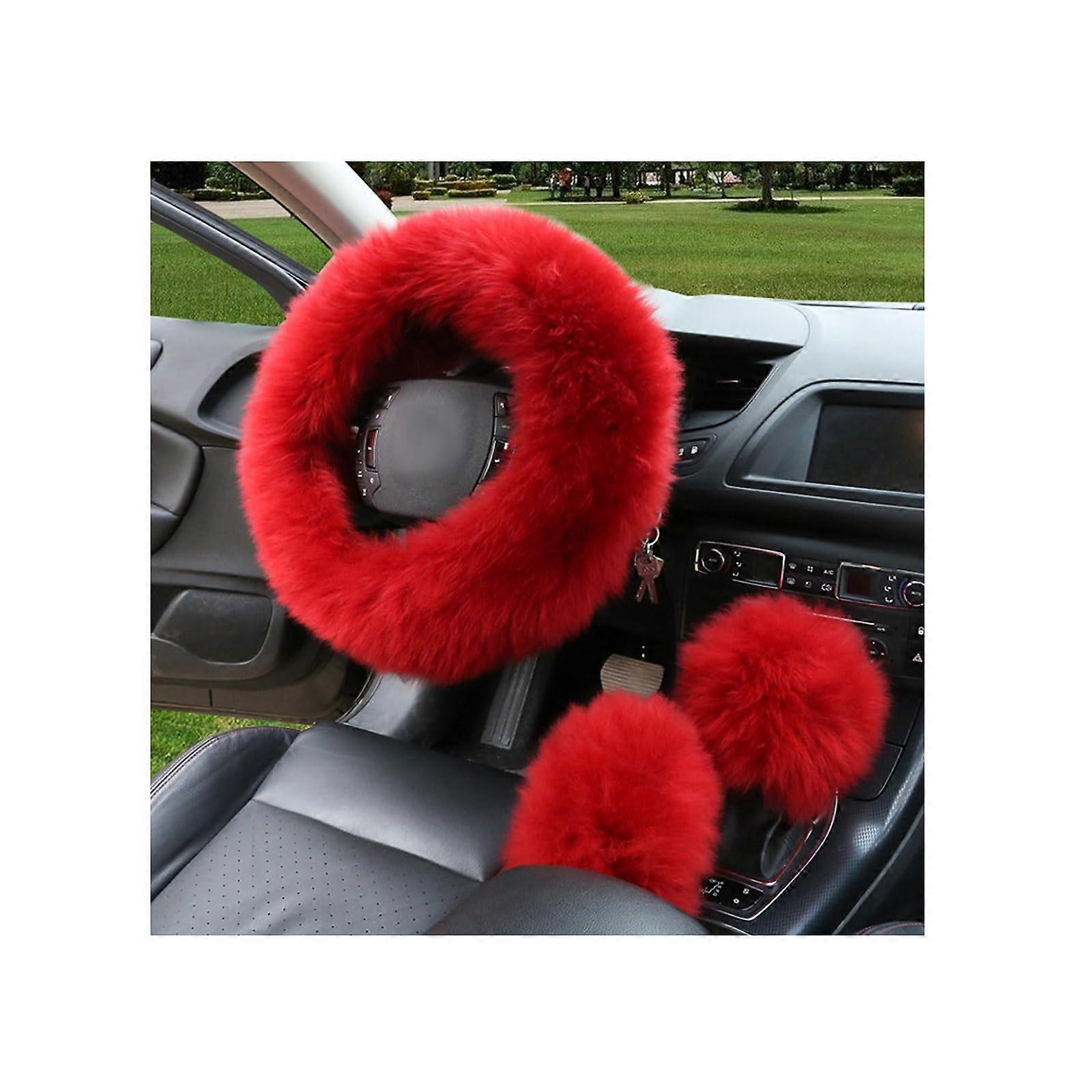 3PCS Wool Steering Wheel Cover Set, 15 Inch Universal Fluffy Soft Protector with Fuzzy Handbrake & Gear Shift Covers in Red