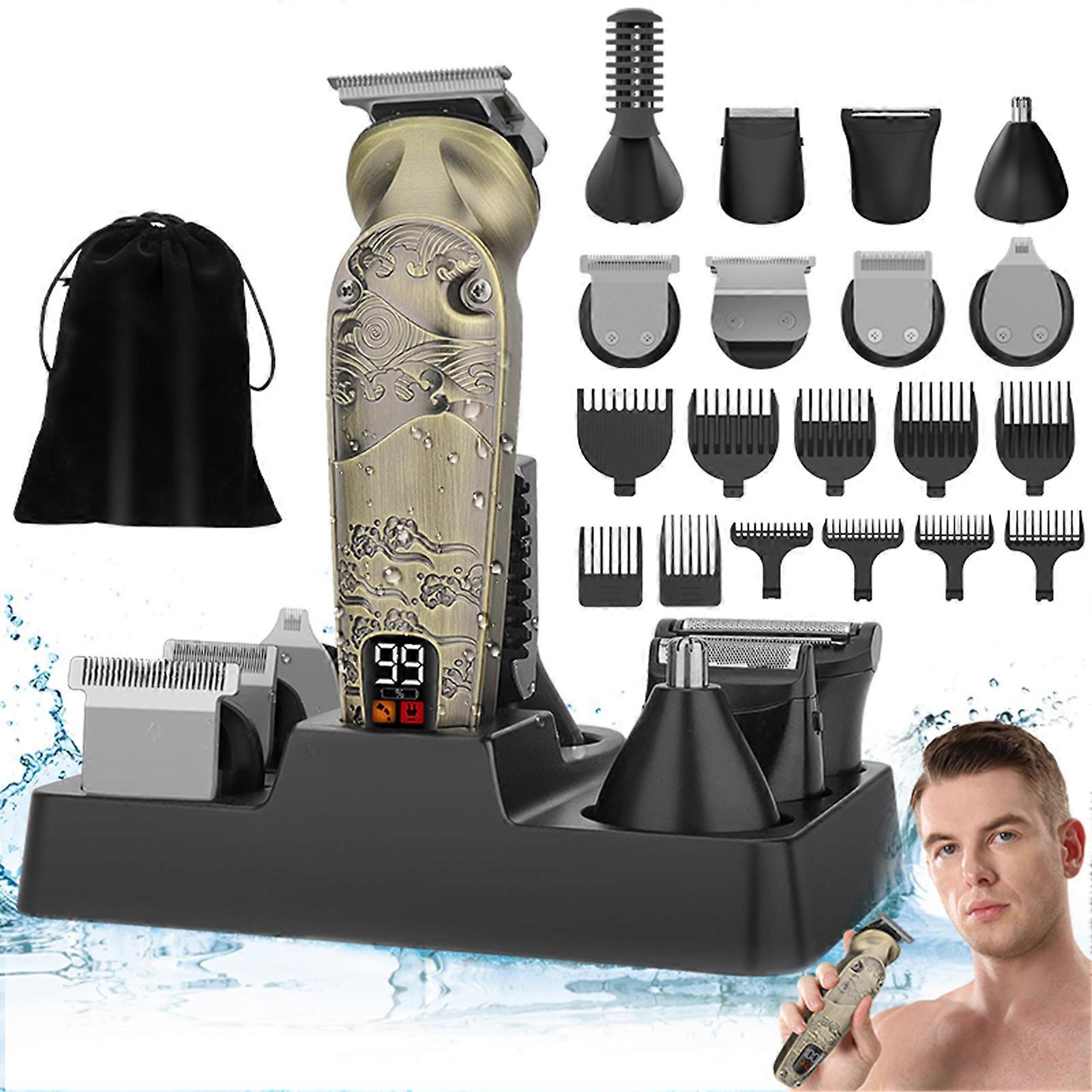 8-in-1 Versatile Electric Hair Clipper Nose Trimmer Shaver & Detailer Set with 8 Selectable Heads Smart LCD Battery Display and High-Torque 7000RPM M