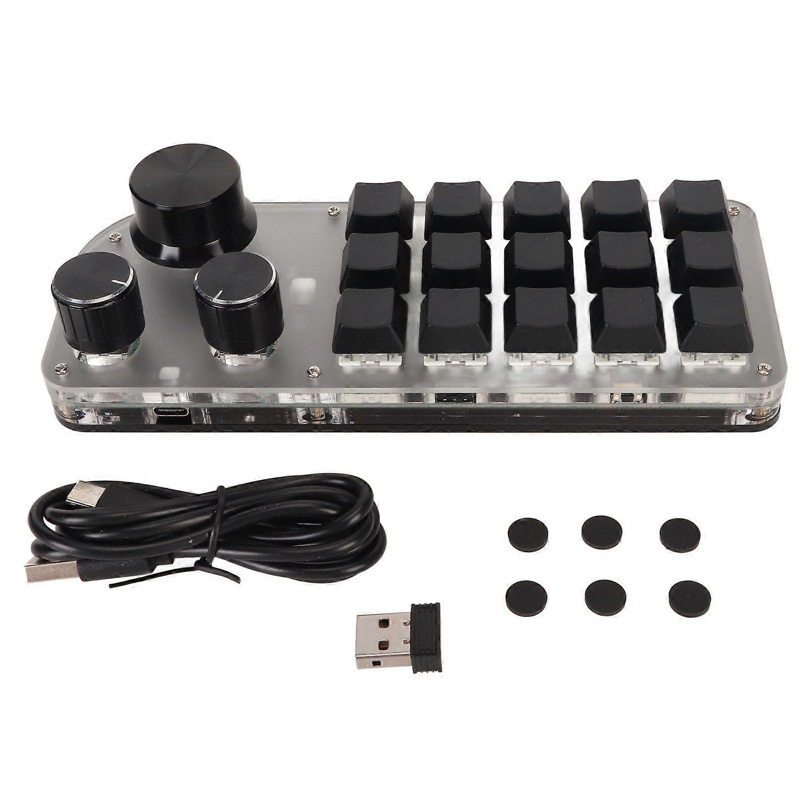 SQCLV USB Mini 15 Key Keypad with 3 Knobs Type C Wired Bluetooth 2.4G Wireless Three Connection Modes DIY Programmable Keyboard