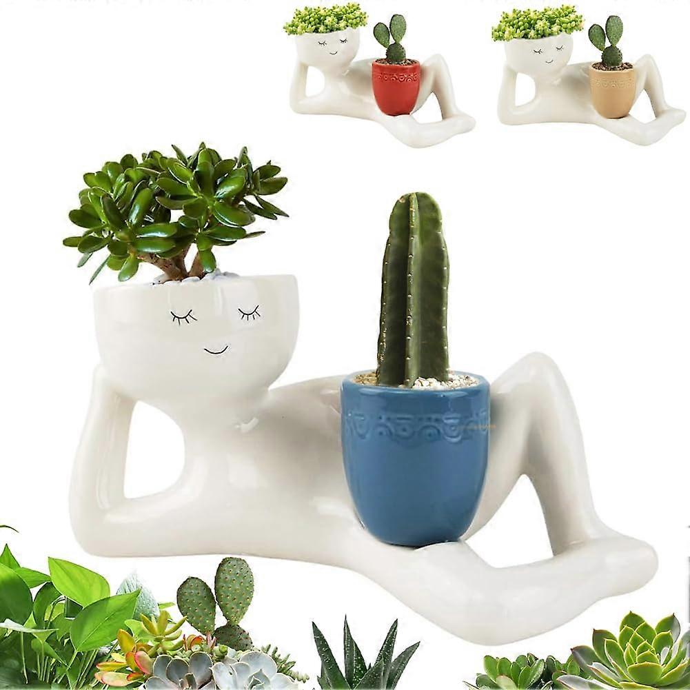 Lazy Guy Planter, Lazy Little Character Relaxing Flowerpot, Person Holding Pot Planter (Blue)