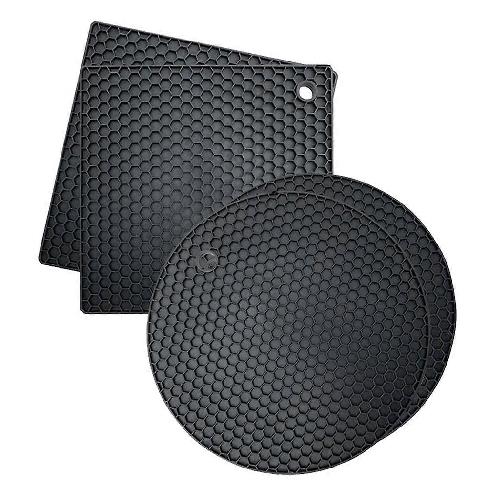 4 Piece (Square + Round) Honeycomb Silicone Placemat-Black|Placemat