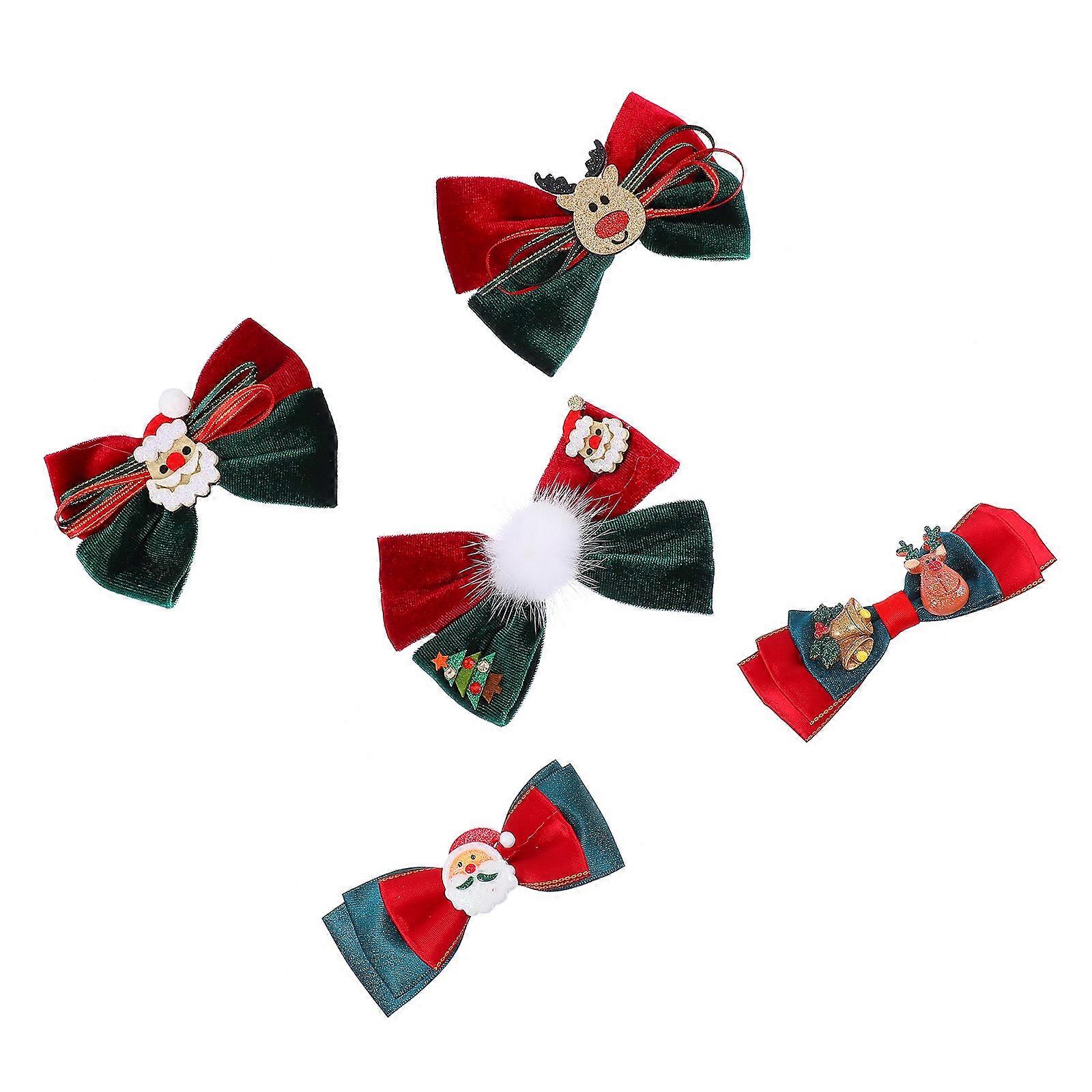 Adorable Christmas Barrettes with Cloth Bows for Kids Assorted Color Smooth Surface 5pcs