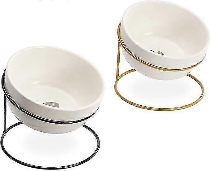 Tilted Pet Bowls with Stands (Set of 2) - Elevated Ceramic Cat Food Bowl Set for Cats and Small Dogs with Wire Stand - Black and Gold