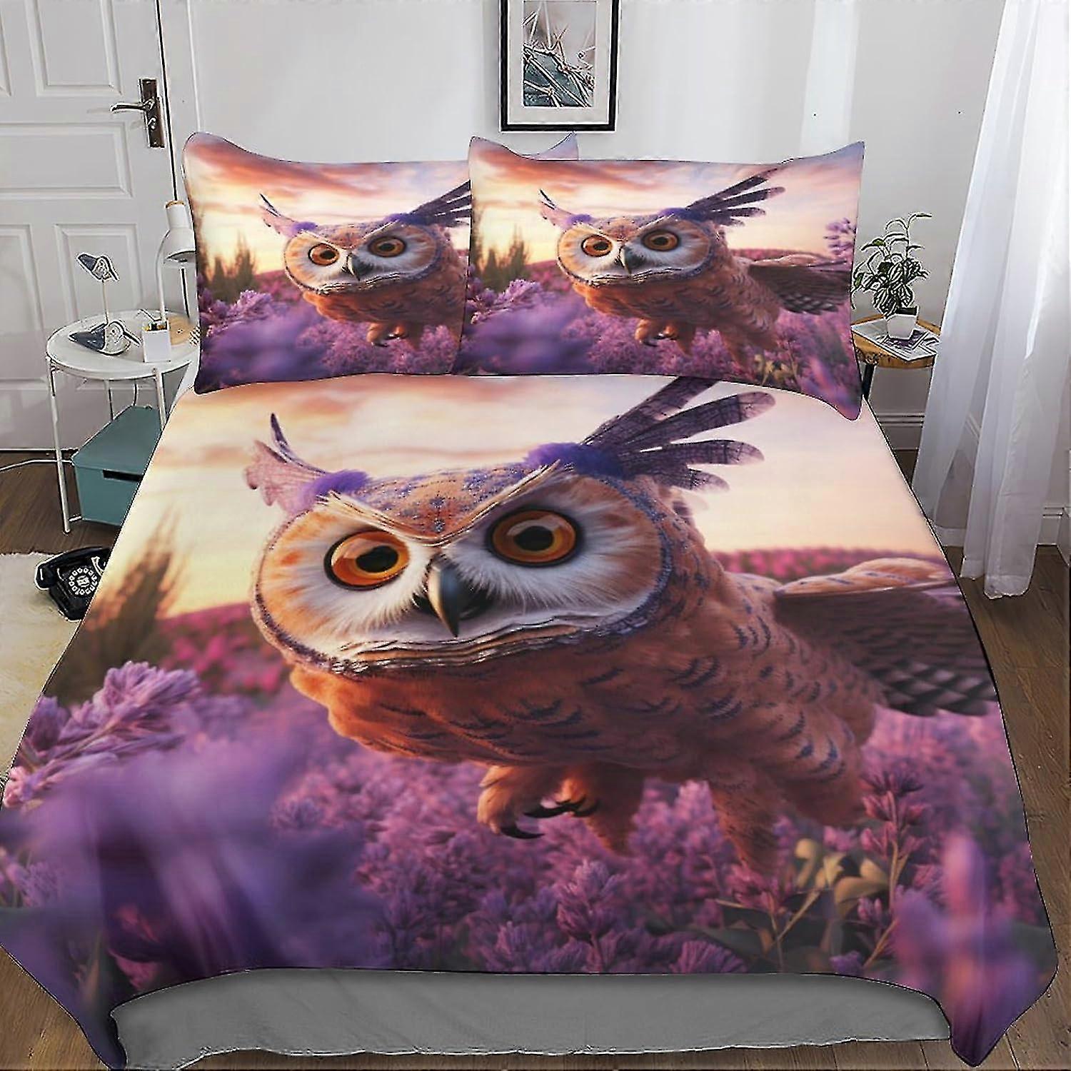 Adorable Owl 3D Bedding Set for Kids and Teens, 3 Pieces Colorful Flower Quilt Cover with Soft Pillow Cases