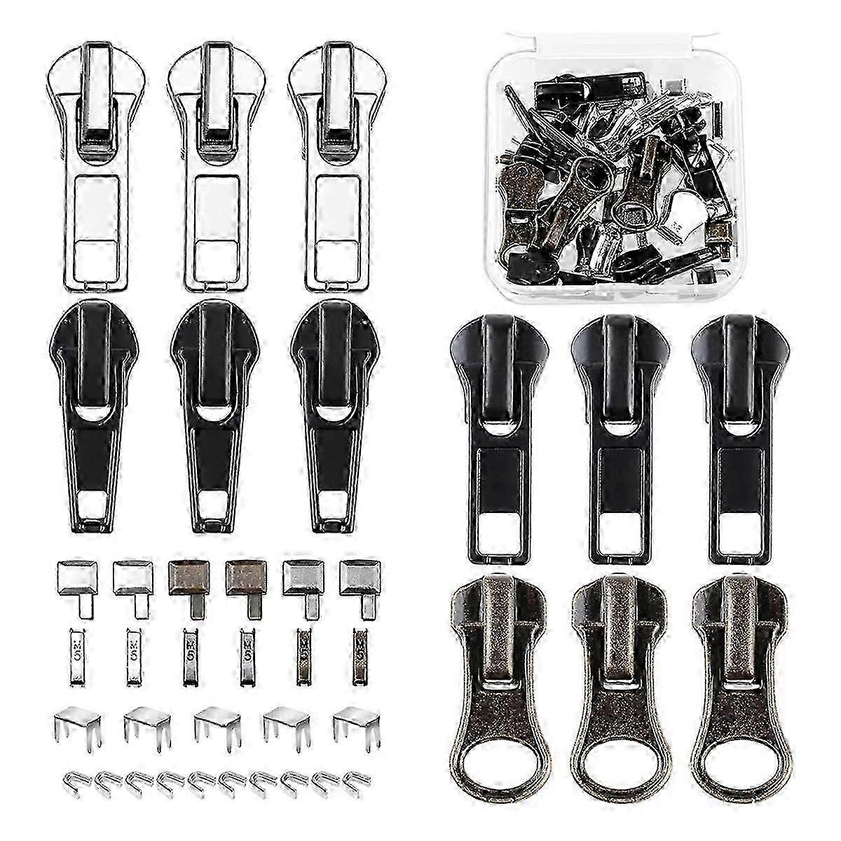 Zipper Repair Kit, 5 Replacement Slider Set, Fix Zippers with Pull, Bottom Stop and Top Stop