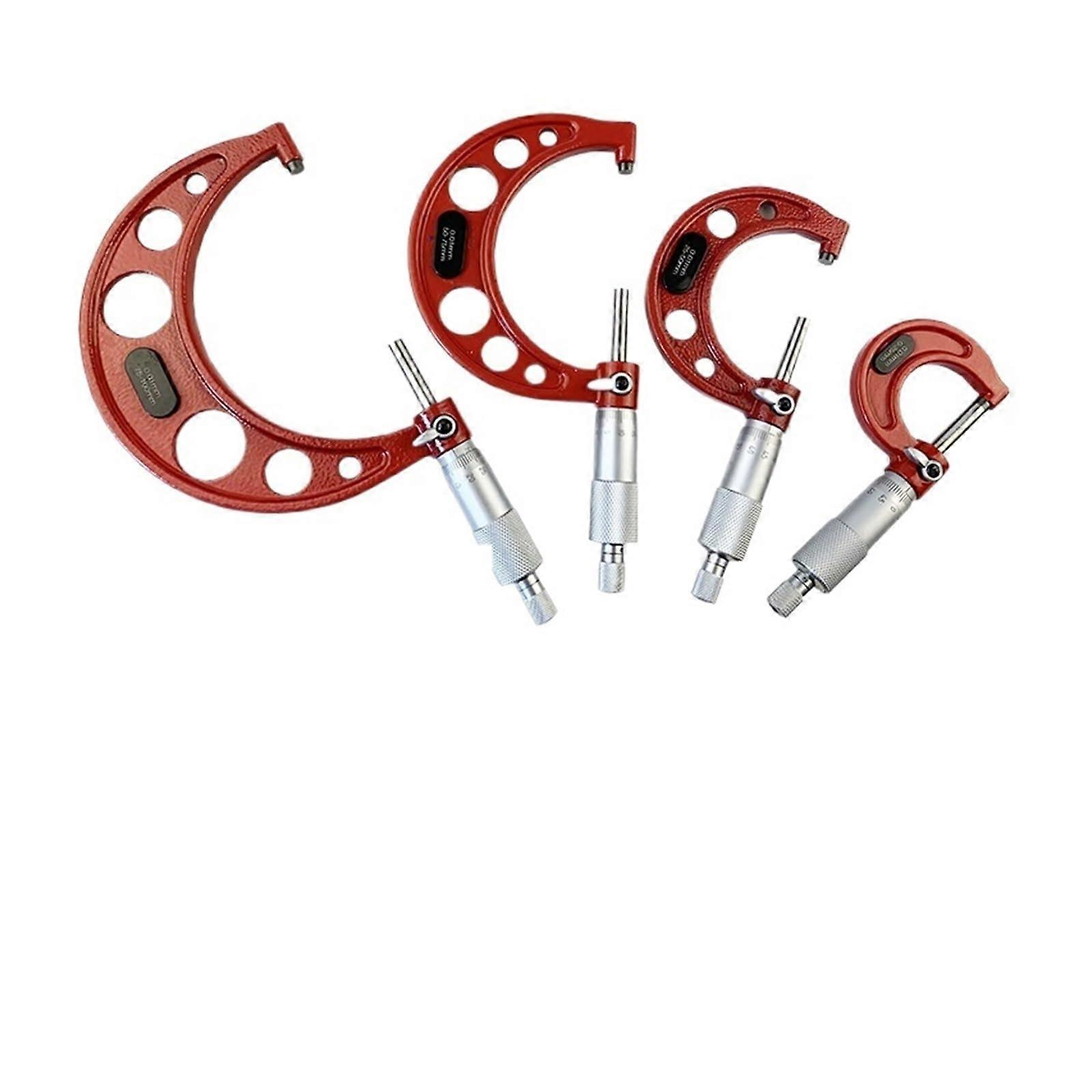 4piece outside micrometer set 0–25 mm, 50 mm, 75 mm, 100 mm with standard ratchet stop, range 0–100 mm, graduations 0.01 mm