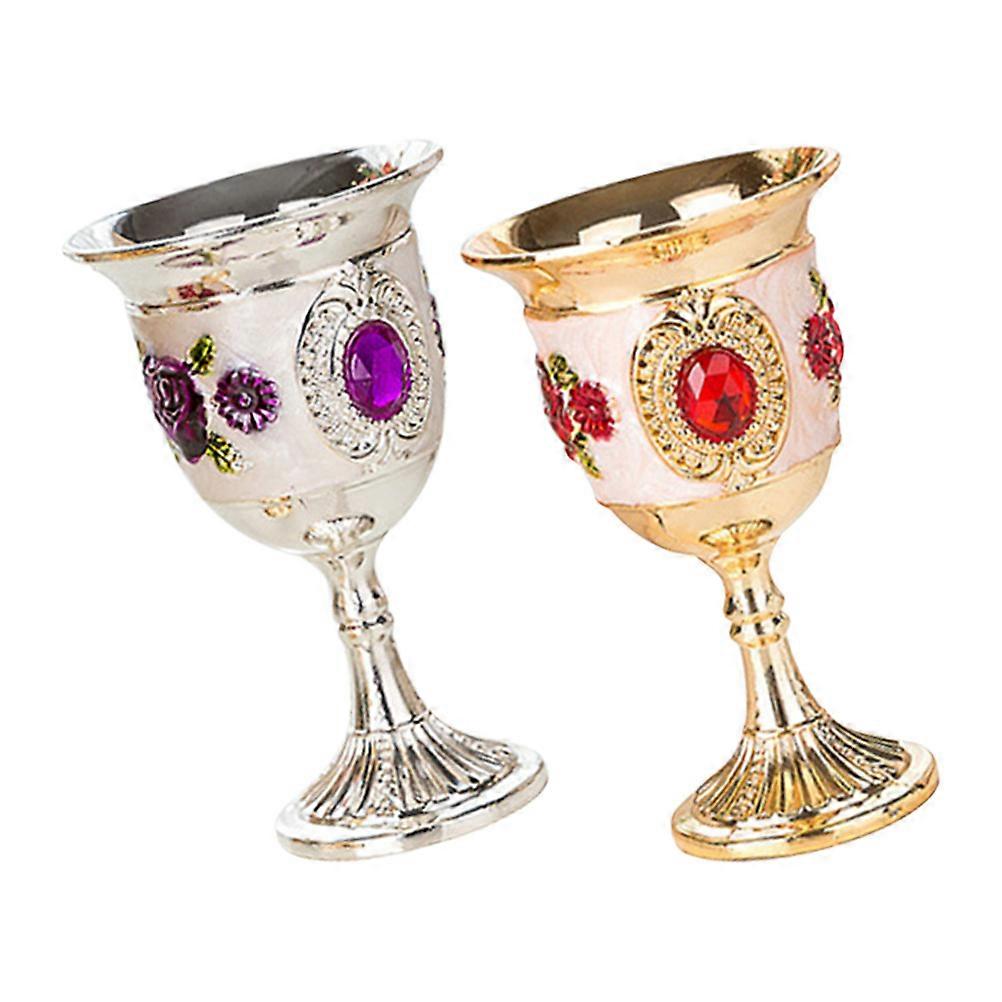 Goblet Cup 2Pcs Small Alloy White Wine Goblets Featuring Retro Flower Pattern Great For Celebrations
