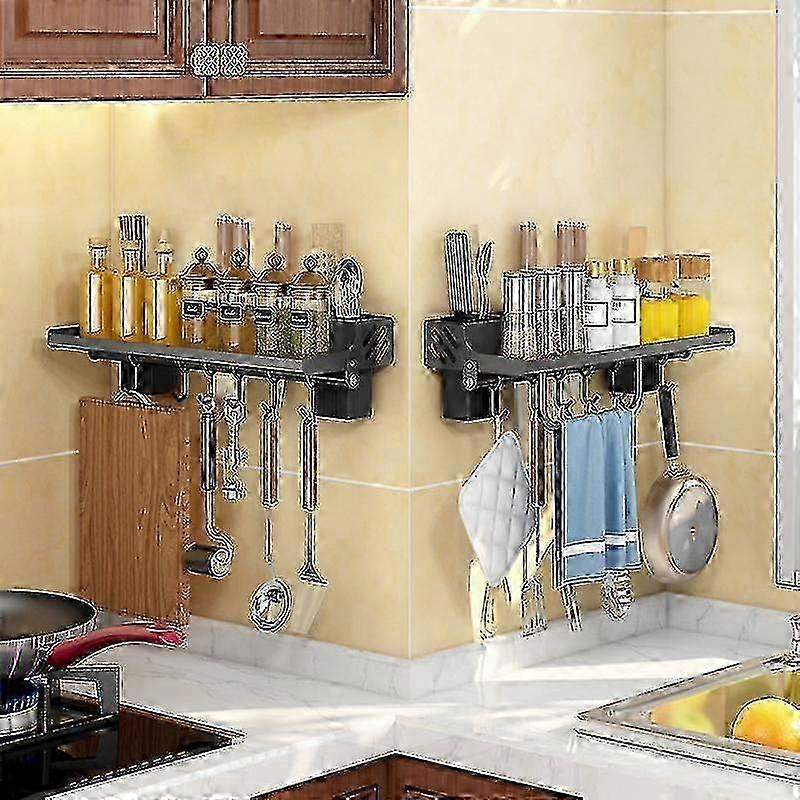 2025 Kitchen Spice Rack Wall Mounted With 6 Removable Hooks, 40cm (black)
