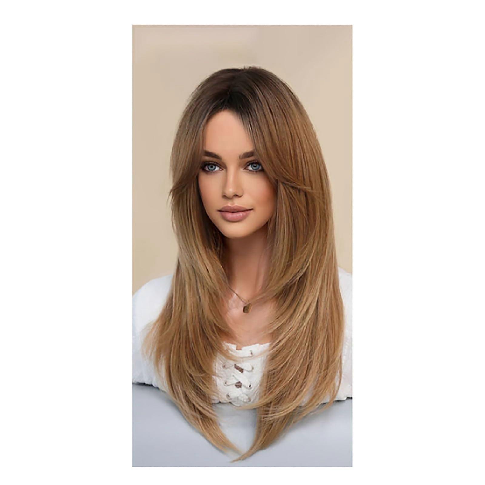 Long Wigs For Women With Bangs, Straight Layered, HeatResistant Synthetic Fiber, Color Brown C
