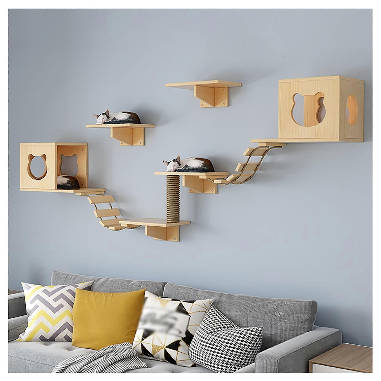 Cat Shelf For Wall Hammock - Indoor Climbing Shelves With Sisal Scratching Bridge, Cloud Perch Board, Color B