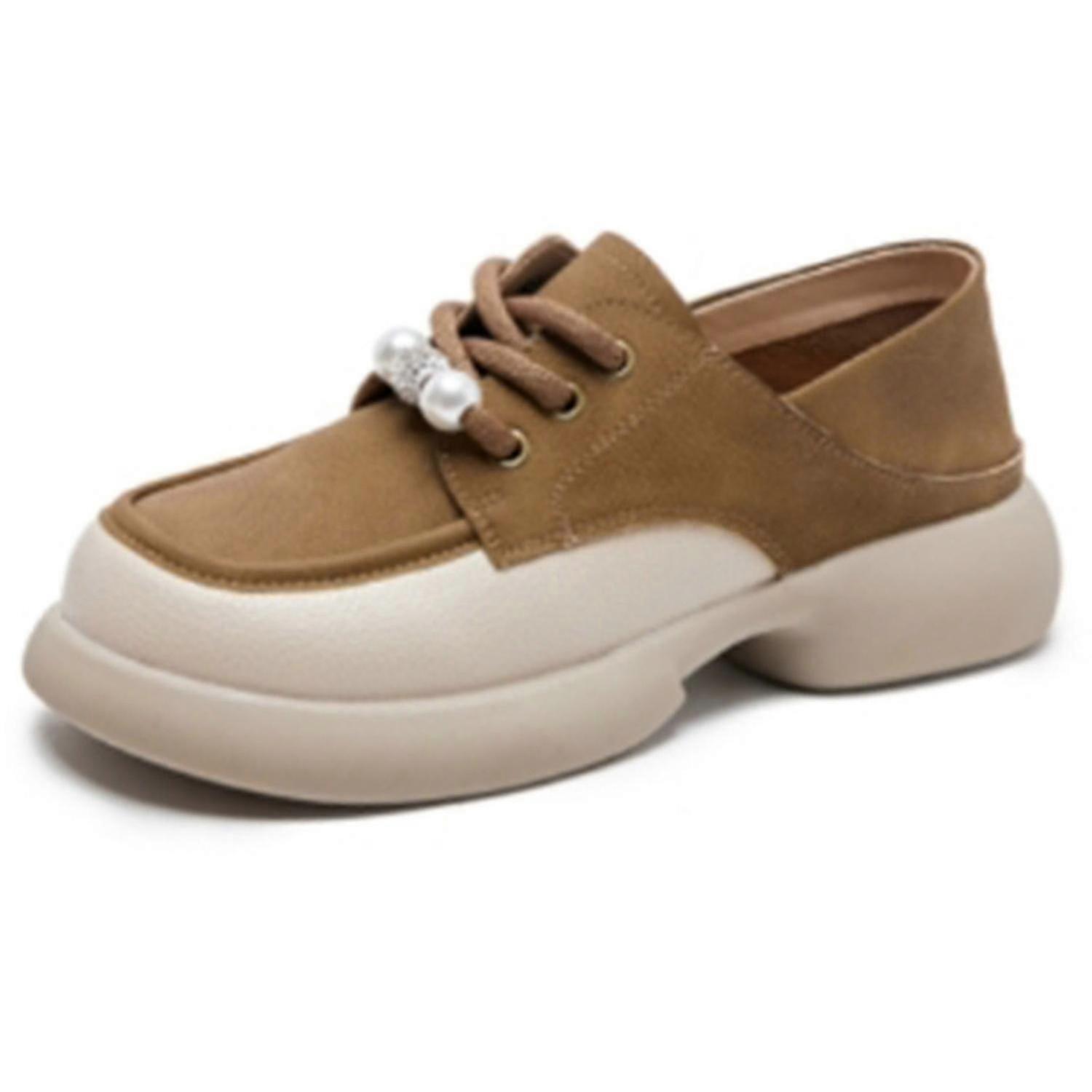 mocassins à lacets à plateforme en cuir véritable pour femmes à la mode à bout rond échancré confortable à enfiler T