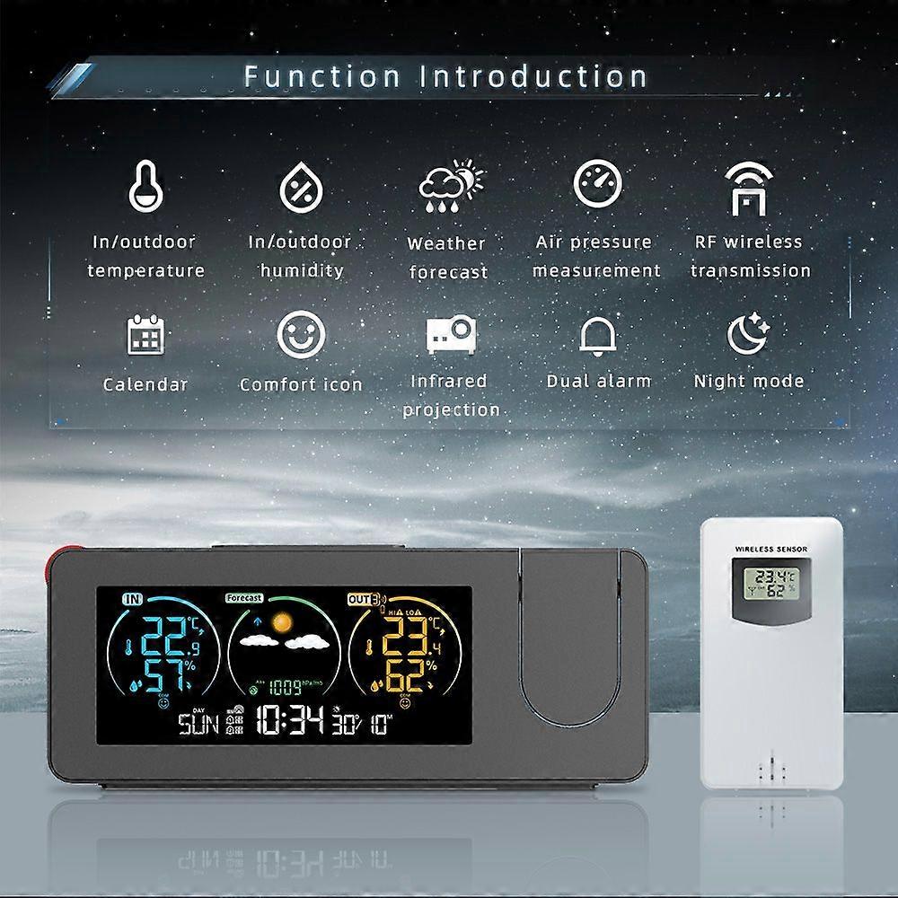 FJ3538 New Electronic Projection Clock Weather Station Weather Forecast Temperature and Humidity Color Screen Digital Alarm Clock