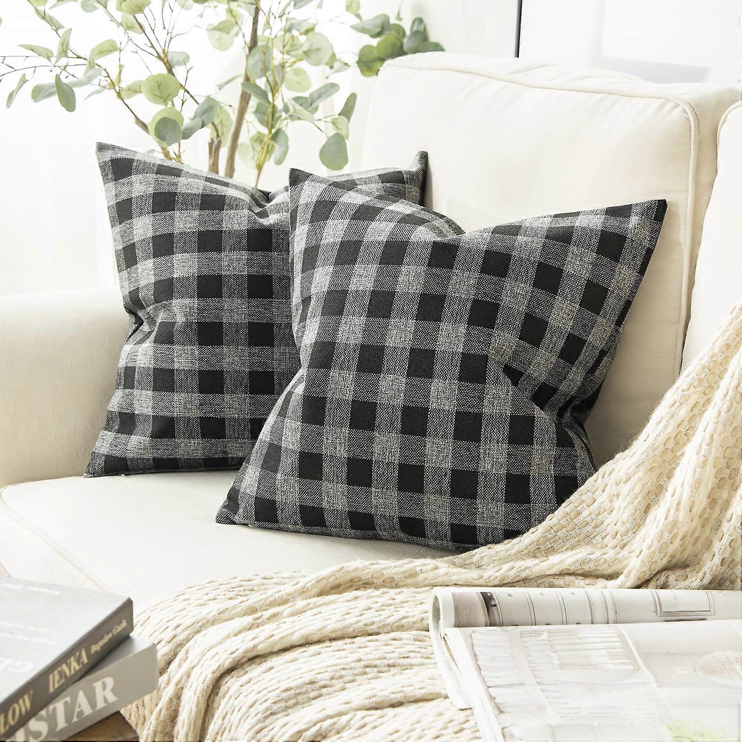 Checkers Series Square Decorative Throw Pillow Covers, Classic Retro Plaids, 20"x20", Black/Gray, Set of 2