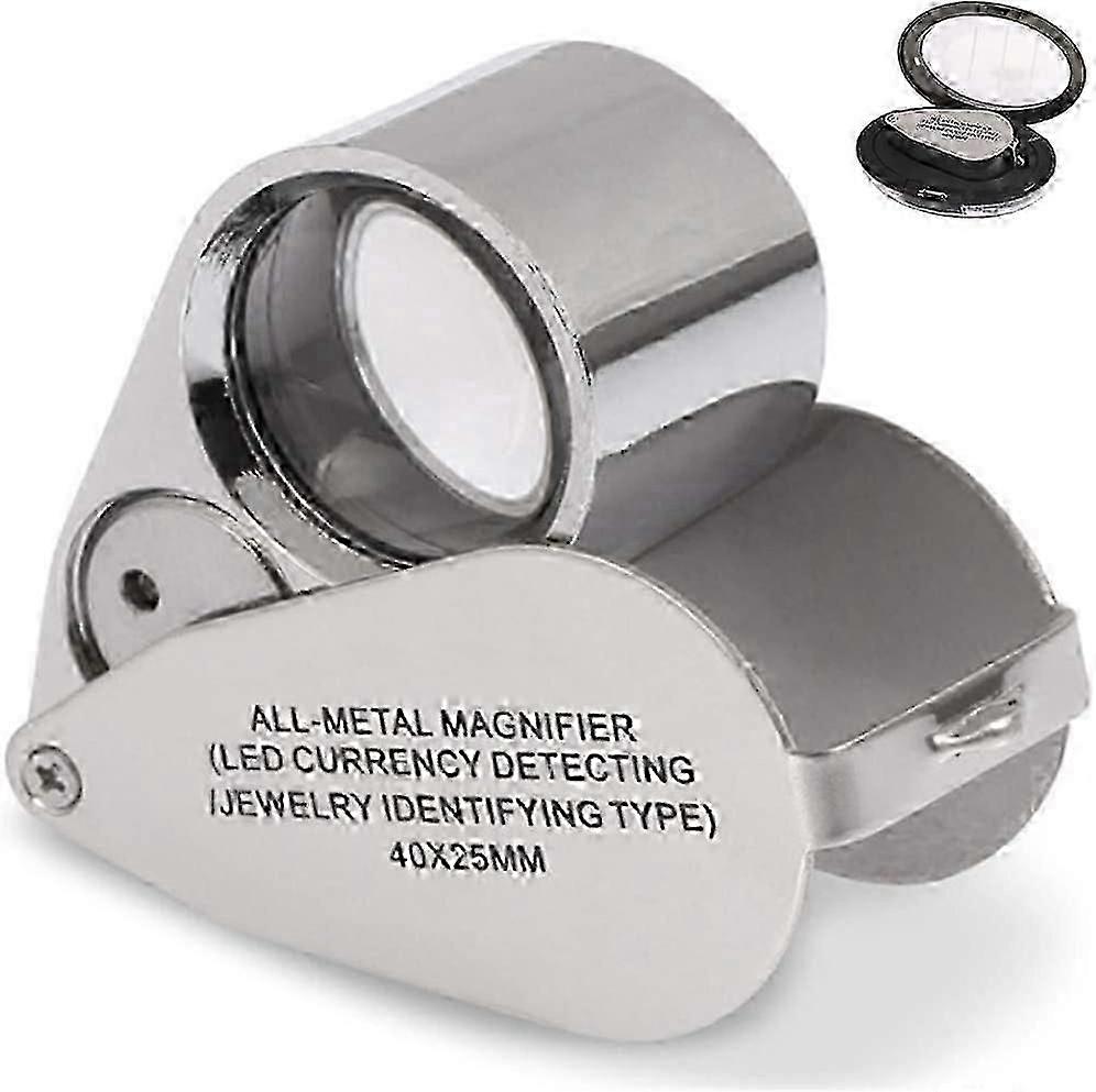 Metal foldable jeweler's loupe with LED light for detecting currencies and identifying the type of lupe