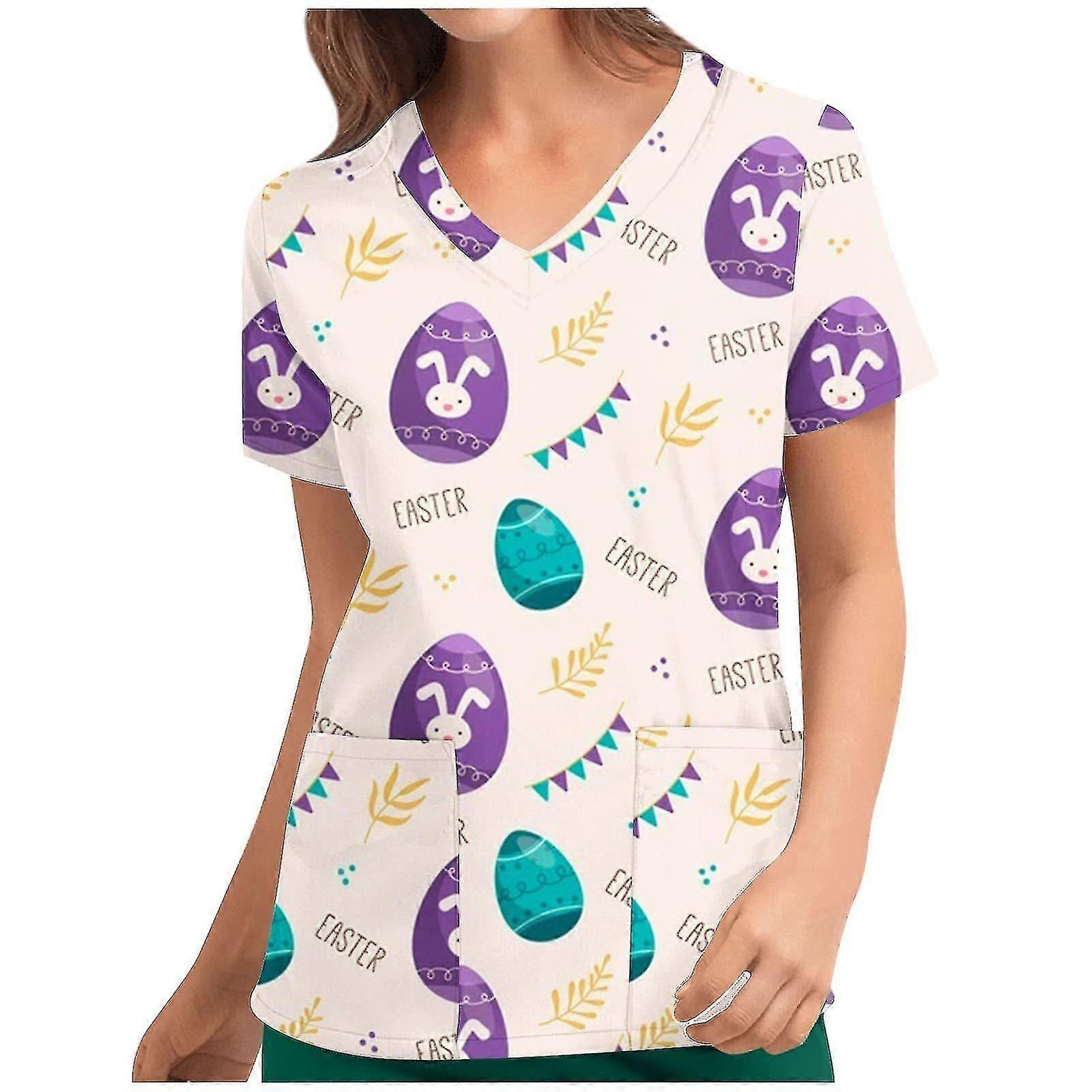 Women Easter Print Medical Scrubs Nursing Uniform Short Sleeve Pockets Tops T-shirt Cy