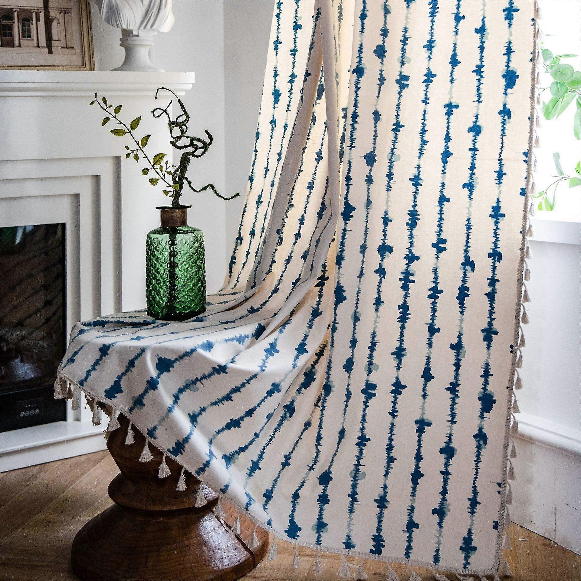Blue Electrocardiogram Pattern Printing Curtains With White Tassels 1 Panel Rod Pocket 50 Percent Light Blocking 59x70