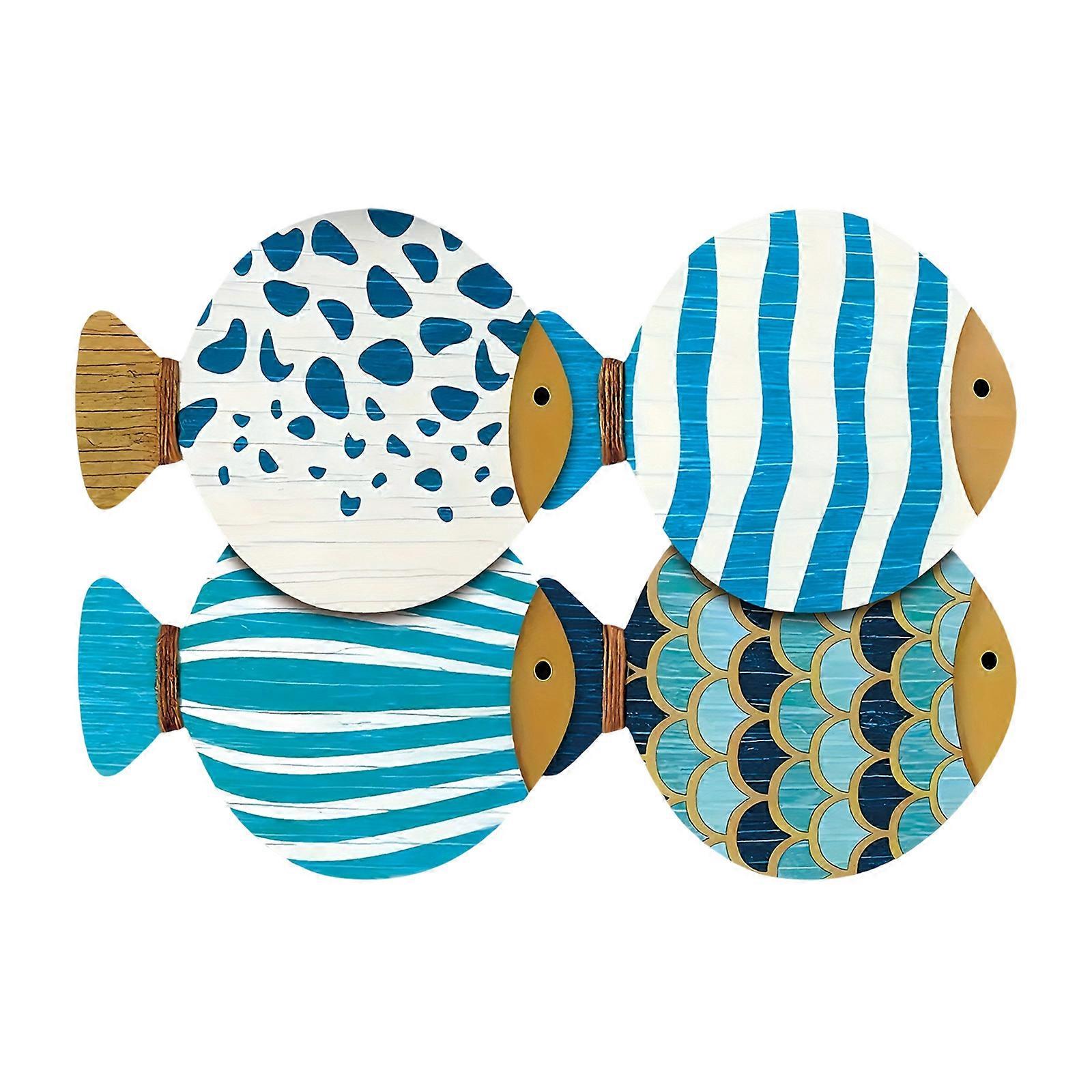 4 Pack Wood Coasters With Fish Illustrations Slip Texture Cooking Dining Table Accessories Multicolor