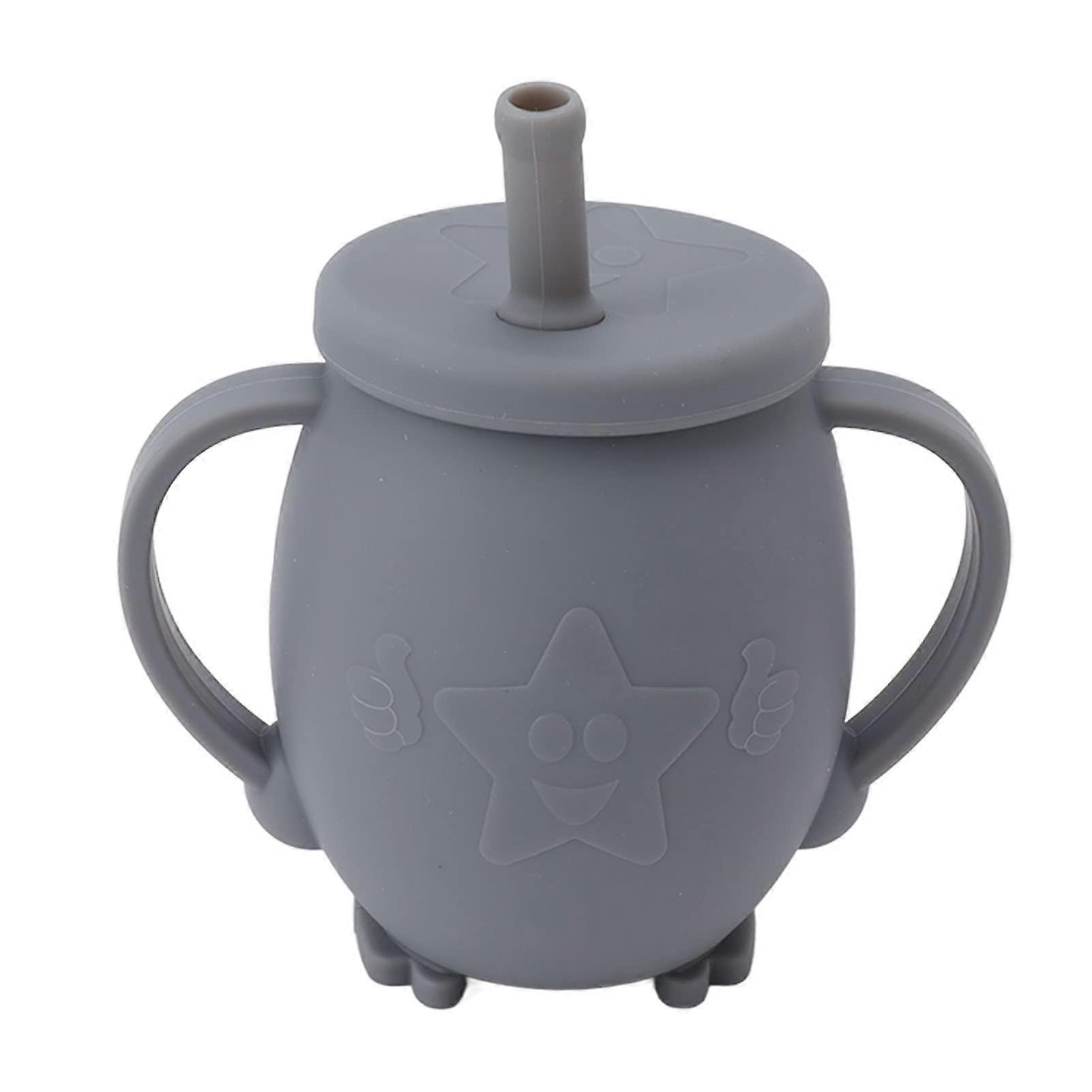 Silicone Sippy Cup with Straw and Lid, 230ml Spill Proof Training Cup for Toddlers and Infants with Non Slip Handles (Dark Grey)